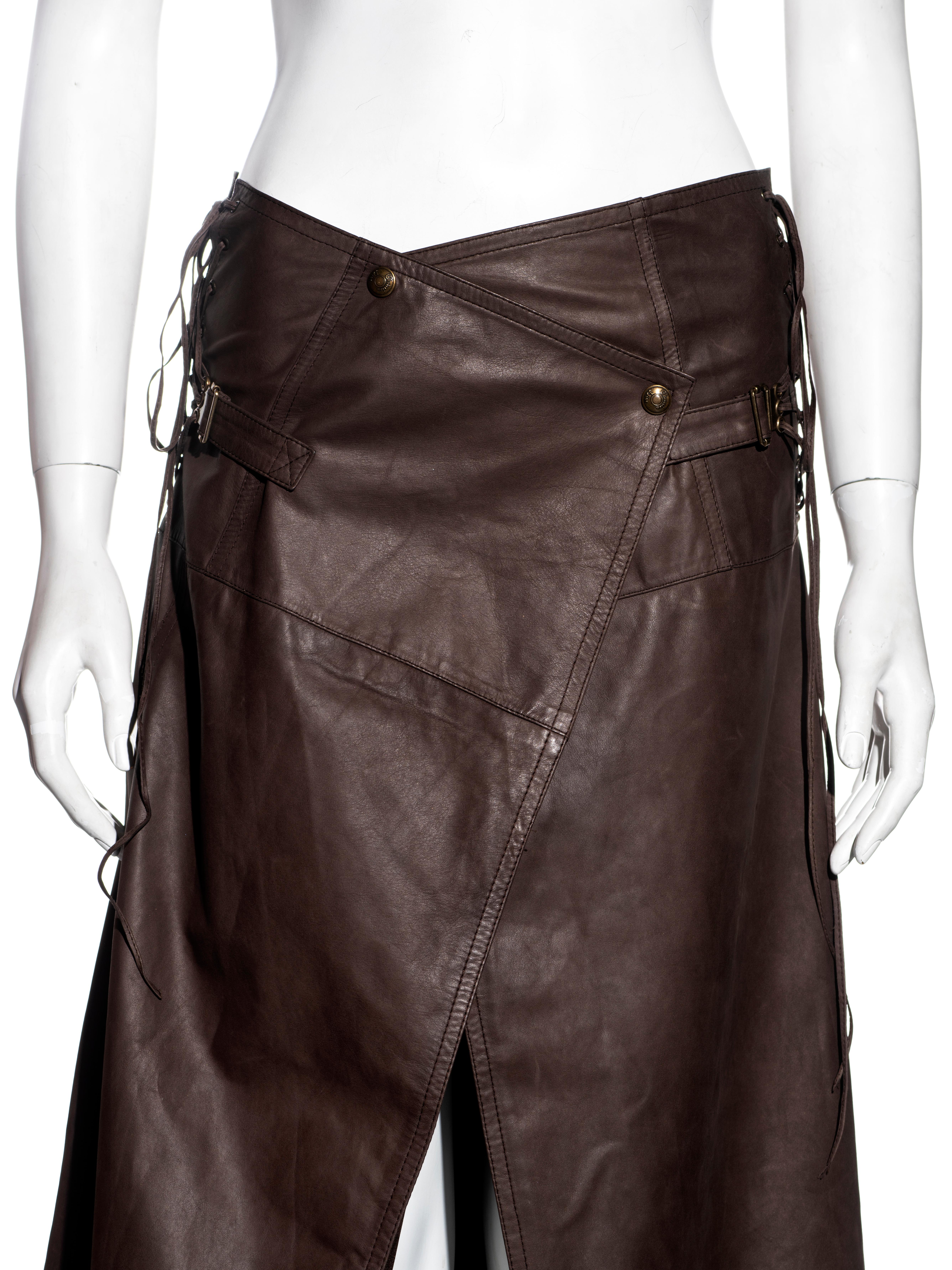 Black Christian Dior by John Galliano brown leather wrap skirt, ss 2001