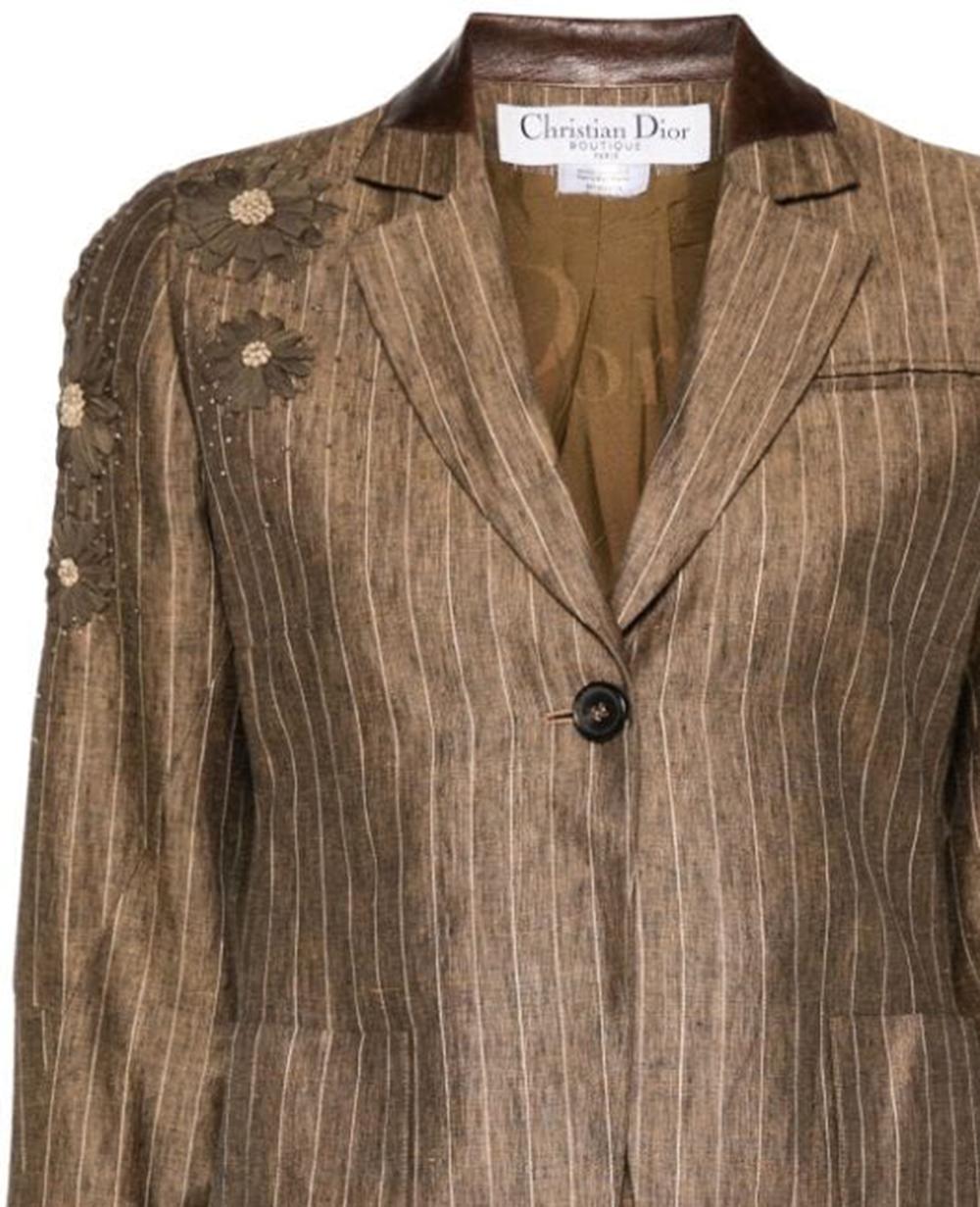 Christian Dior by John Galliano Brown Linen Skirt Suit In Good Condition For Sale In Paris, FR
