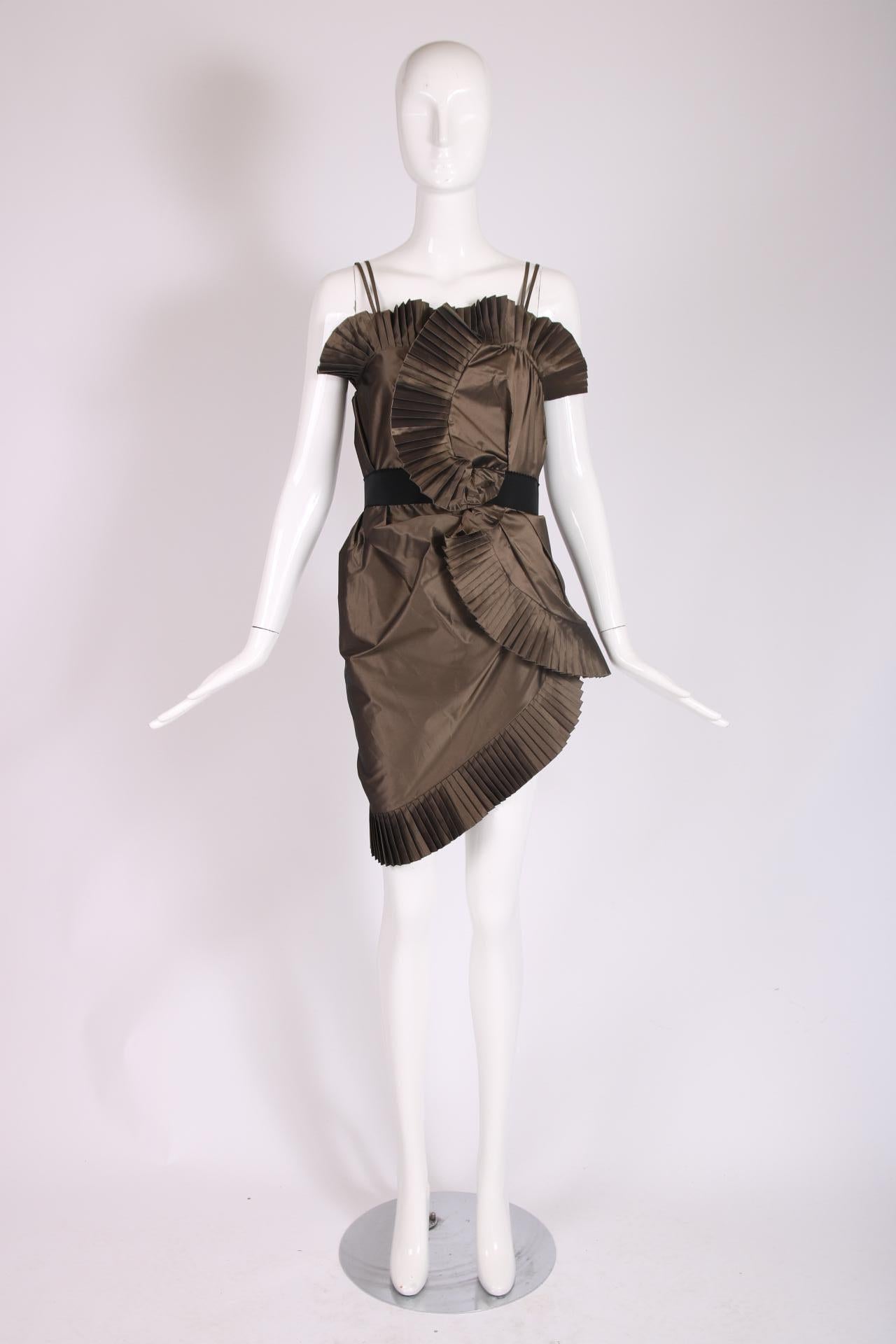 Mid-2000's Christian Dior by John Galliano brown iridescent silk/poly blend mini dress with accordion pleating design motif. There is a built-in 2