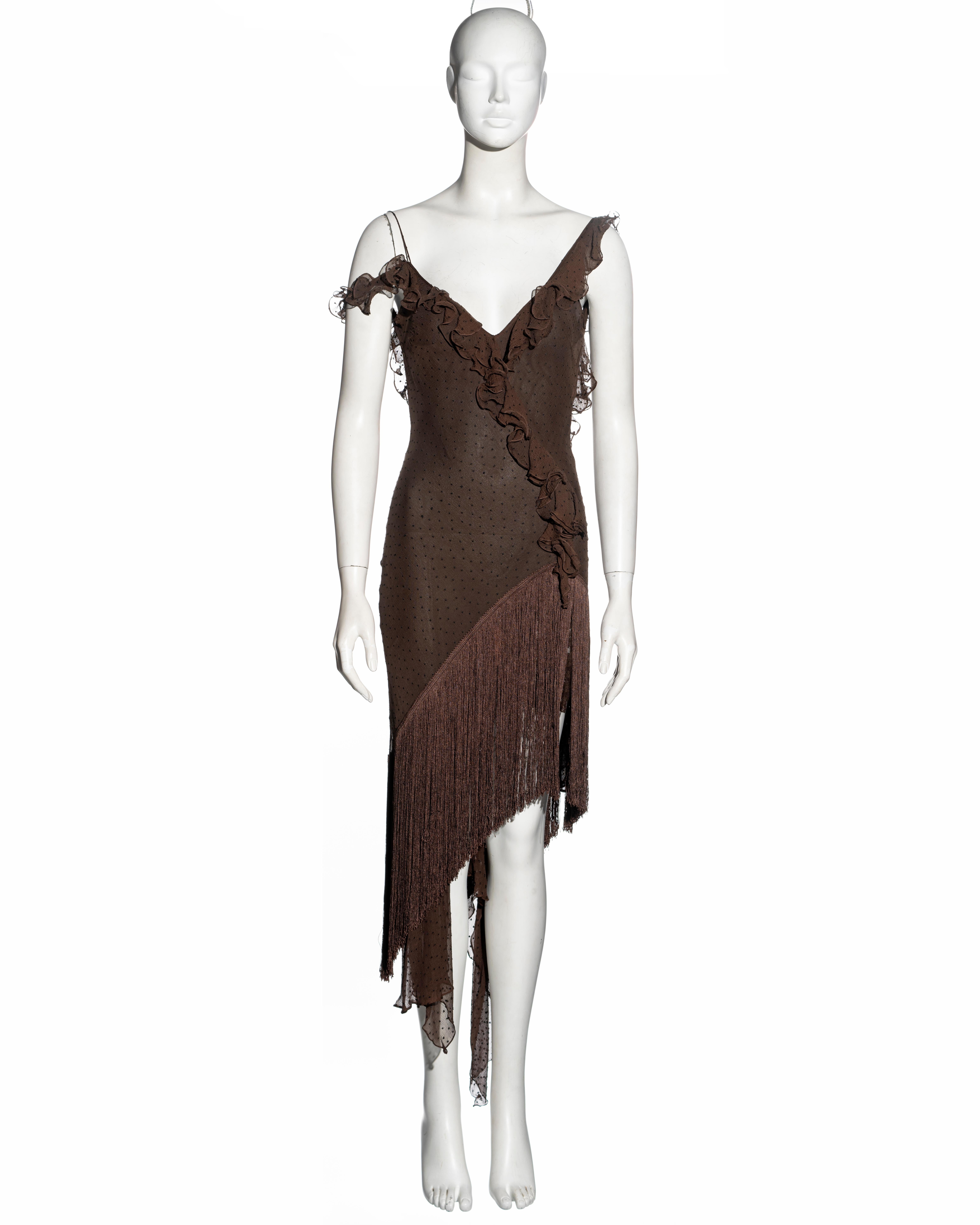 ▪ Christian Dior evening dress
▪ Designed by John Galliano
▪ Sold by One of a Kind Archive
▪ Constructed from bias-cut brown silk chiffon with embroidered polkadots 
▪ Frilled trim at the neckline, shoulder straps and bodice
▪ Long silk fringe skirt