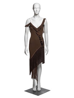 Christian Dior by John Galliano Brown Silk Plumetis Dress with Fringe, FW 2000
