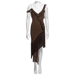 Christian Dior by John Galliano Brown Silk Plumetis Dress with Fringe, FW 2000