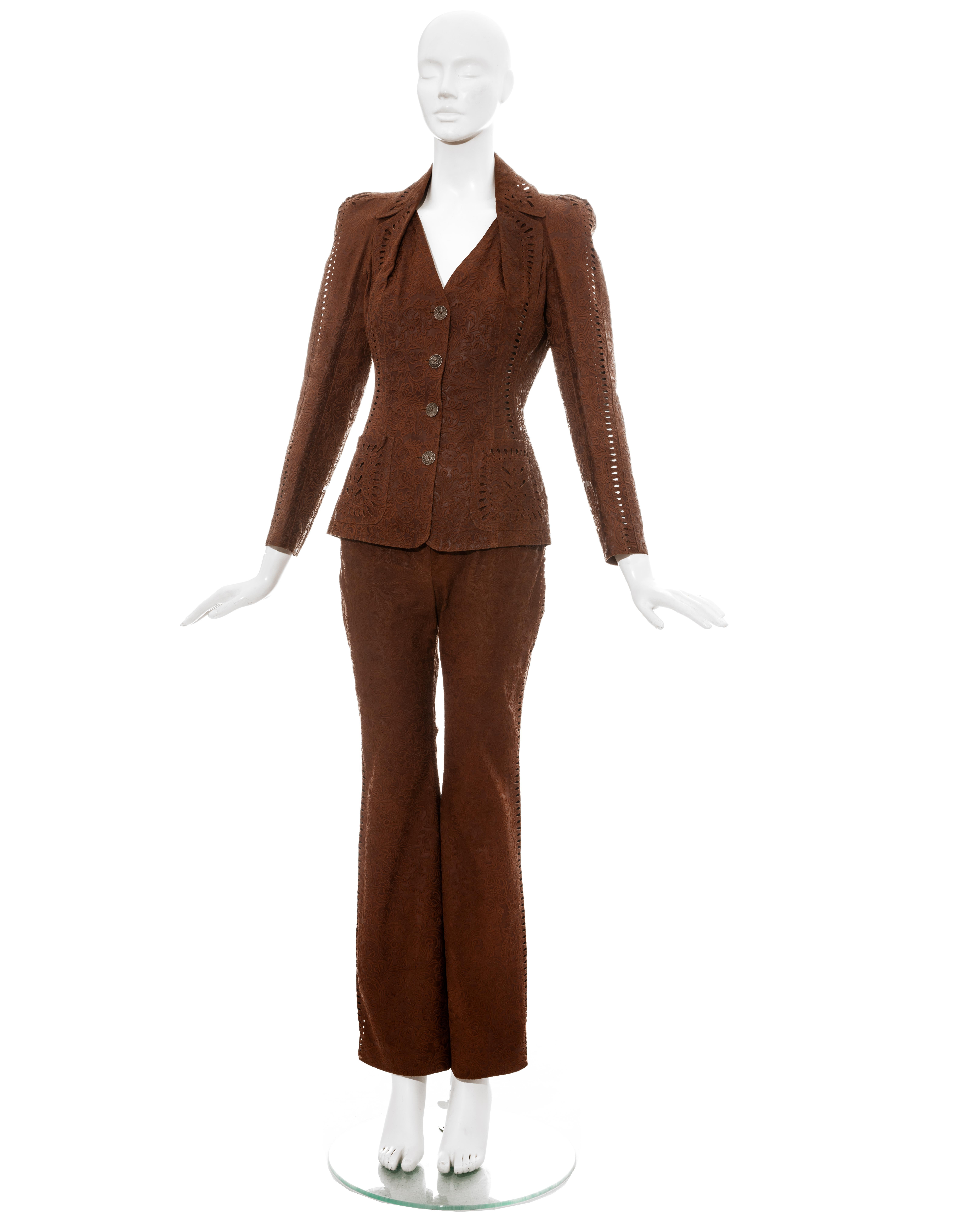 Brown Christian Dior by John Galliano brown tooled leather pant suit, ss 2006