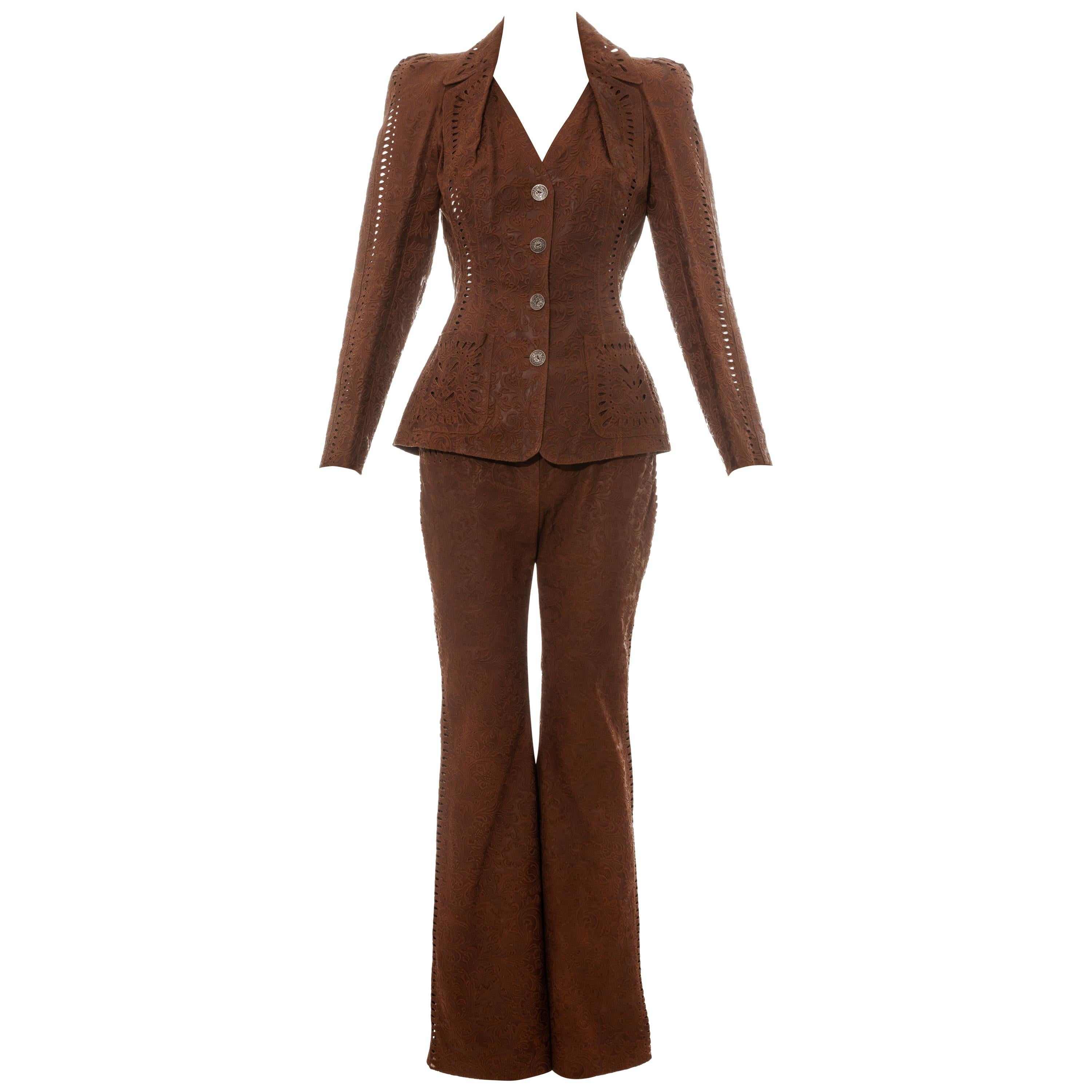 Christian Dior by John Galliano brown tooled leather pant suit, ss 2006 For Sale