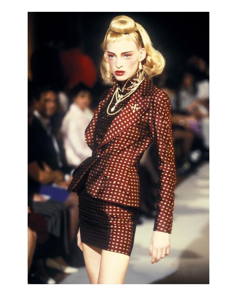 Black Christian Dior by John Galliano burgundy jacquard micro-mini skirt suit, fw 1997