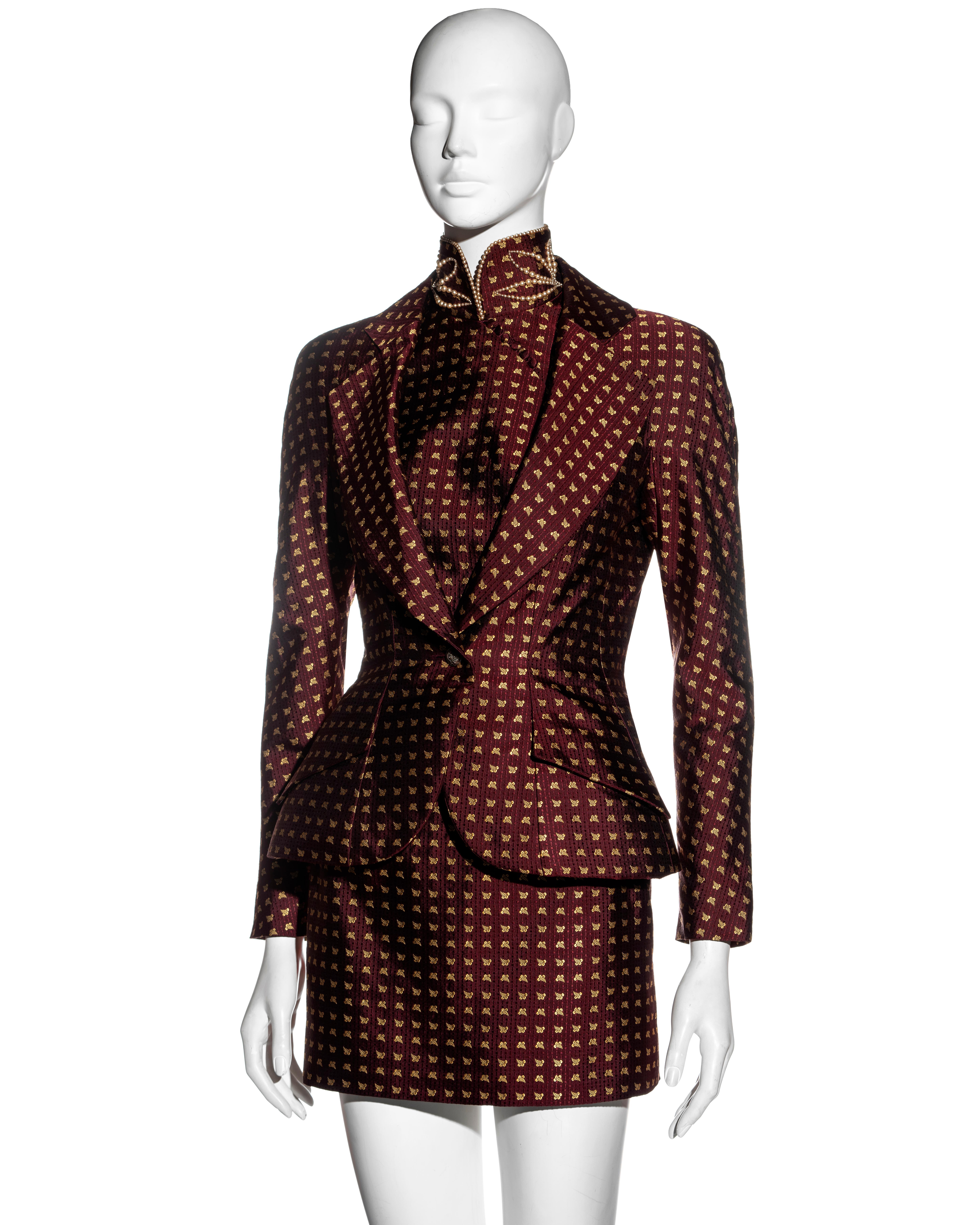 Black Christian Dior by John Galliano burgundy jacquard micro-mini skirt suit, fw 1997