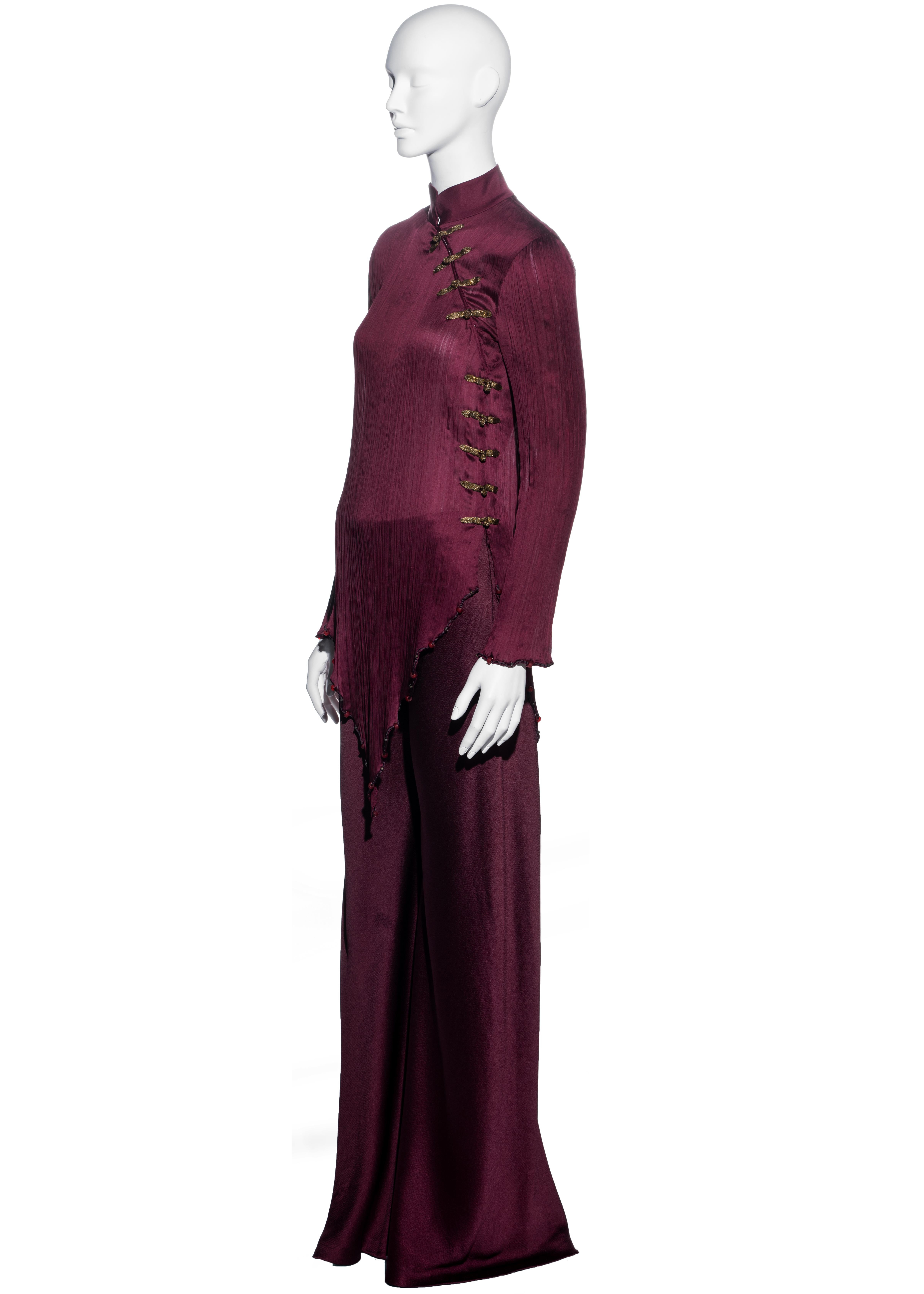 Christian Dior by John Galliano Burgundy silk pleated pant suit, ss 1999 1