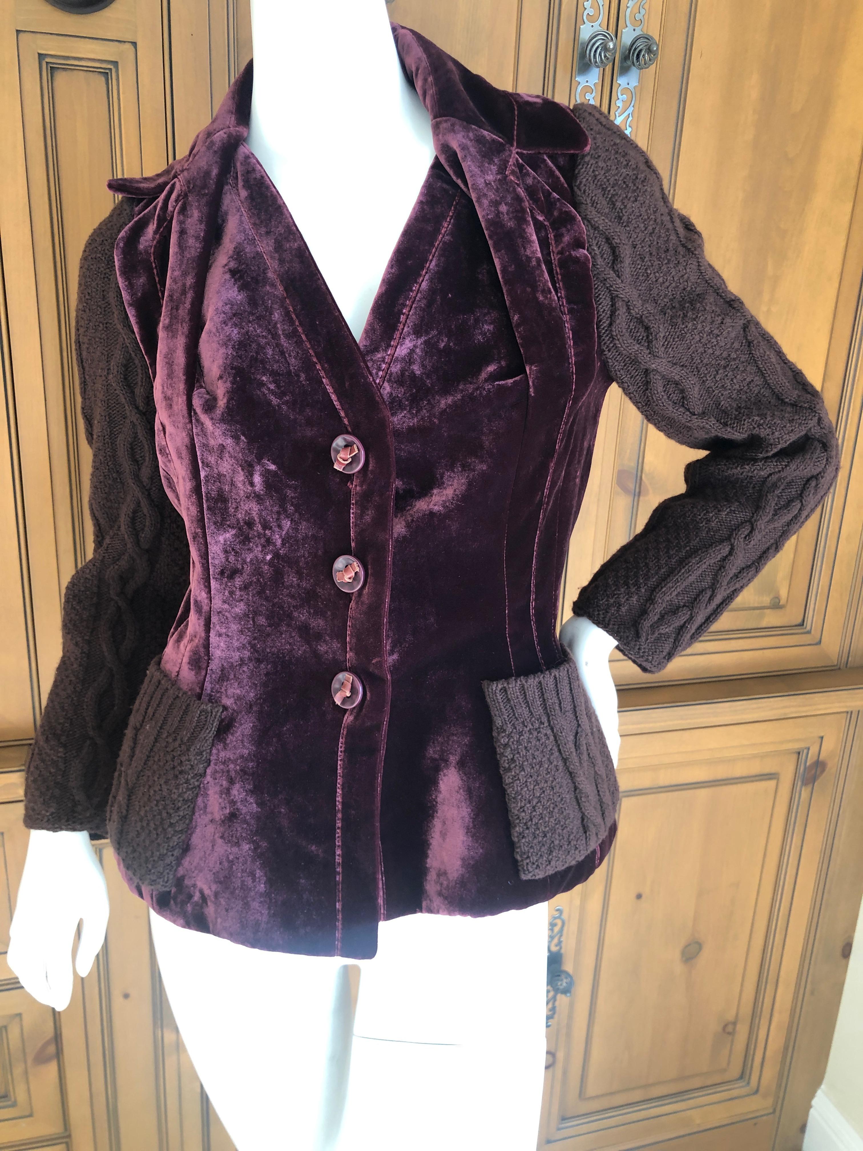 Christian Dior by John Galliano Burgundy Velvet Bar Jacket w Cable Knit Details In Excellent Condition For Sale In Cloverdale, CA