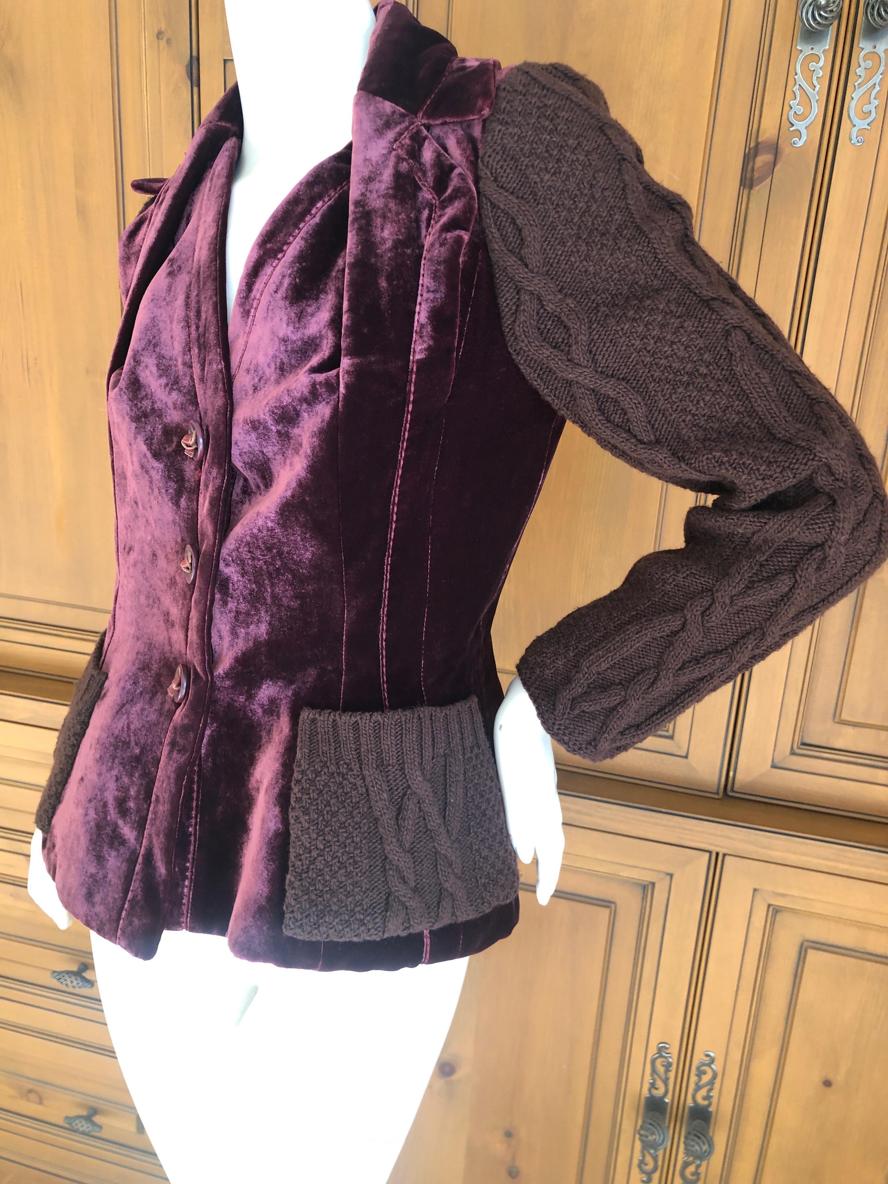 Christian Dior by John Galliano Burgundy Velvet Bar Jacket w Cable Knit Details For Sale 1