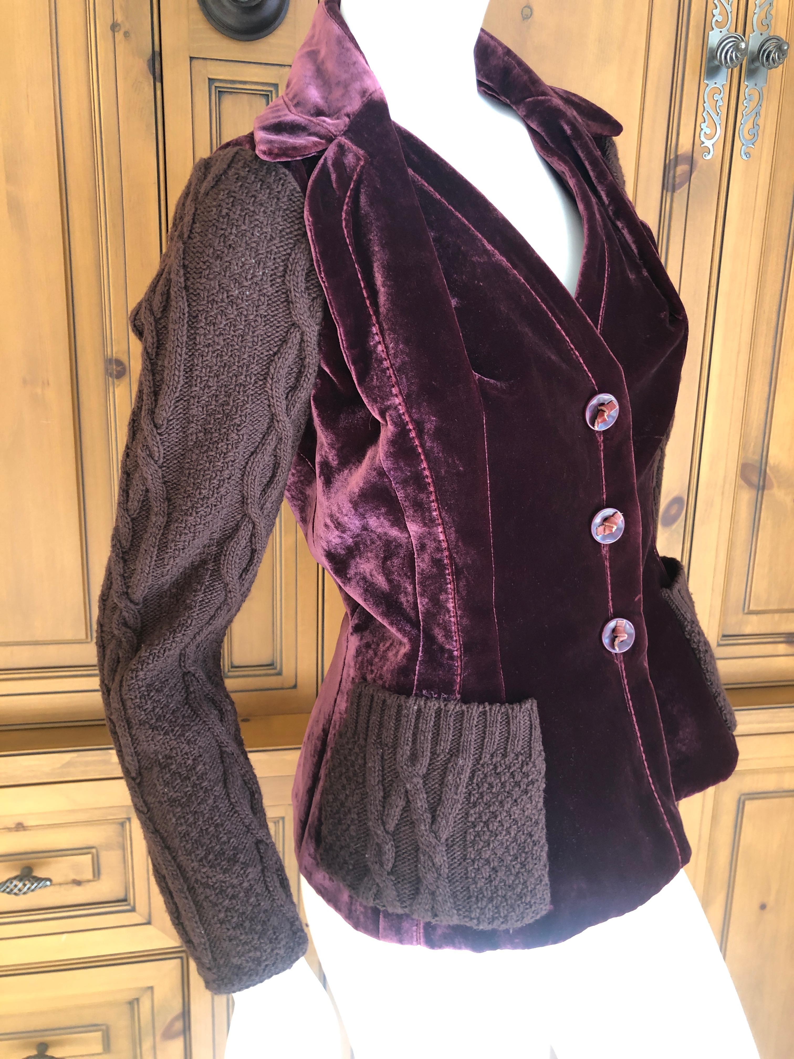 Christian Dior by John Galliano Burgundy Velvet Bar Jacket w Cable Knit Details For Sale 2