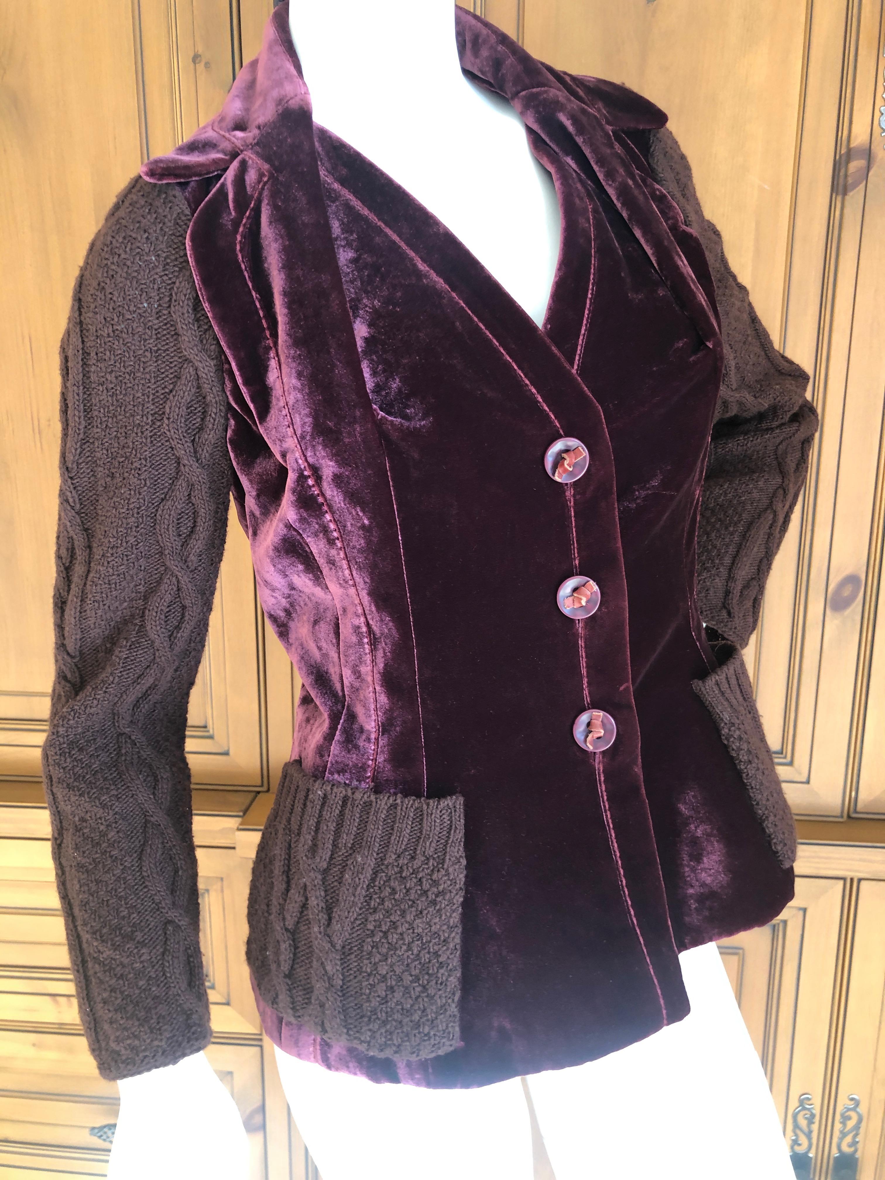 Christian Dior by John Galliano Burgundy Velvet Bar Jacket w Cable Knit Details For Sale 3