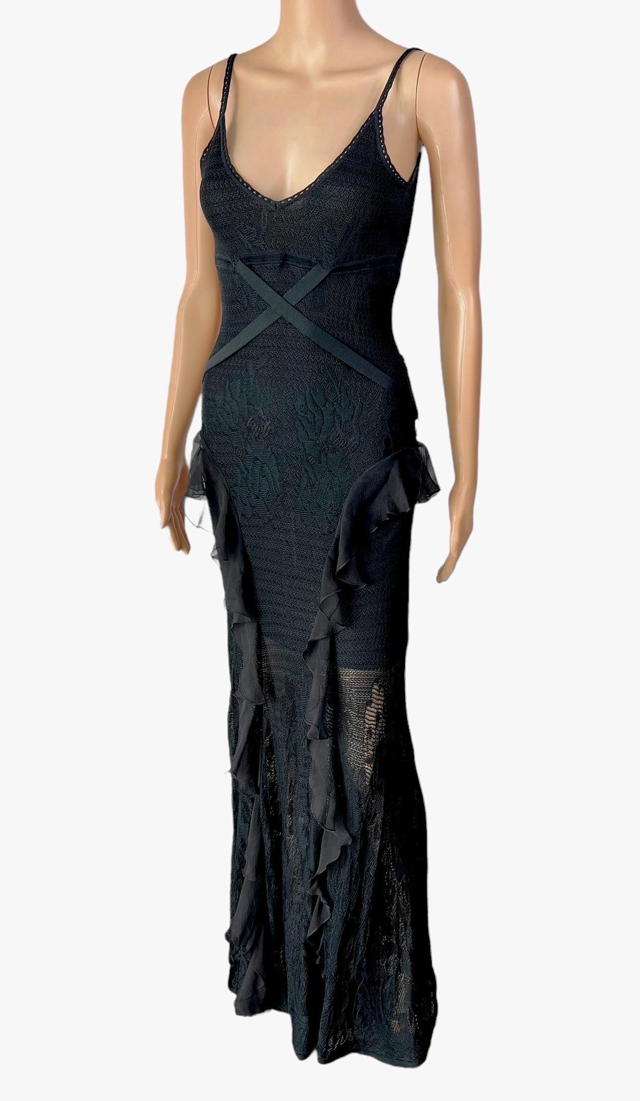 Christian Dior by John Galliano Ruffled Belted Sheer Lace Open Knit Black Evening Dress Gown XS/S

Please note size tag has been removed.

