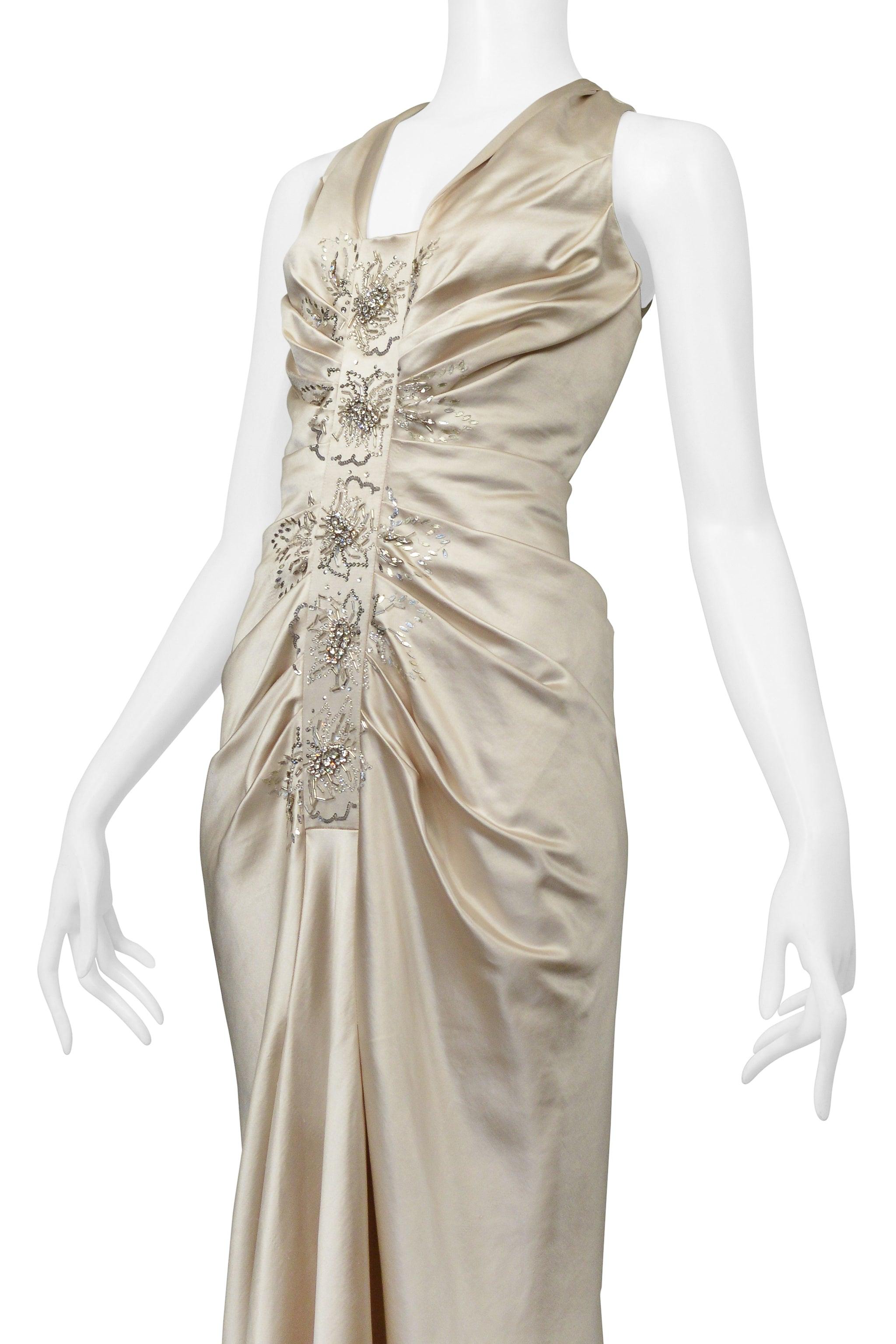 Beige Christian Dior By John Galliano Champagne Satin Dress With Beading For Sale