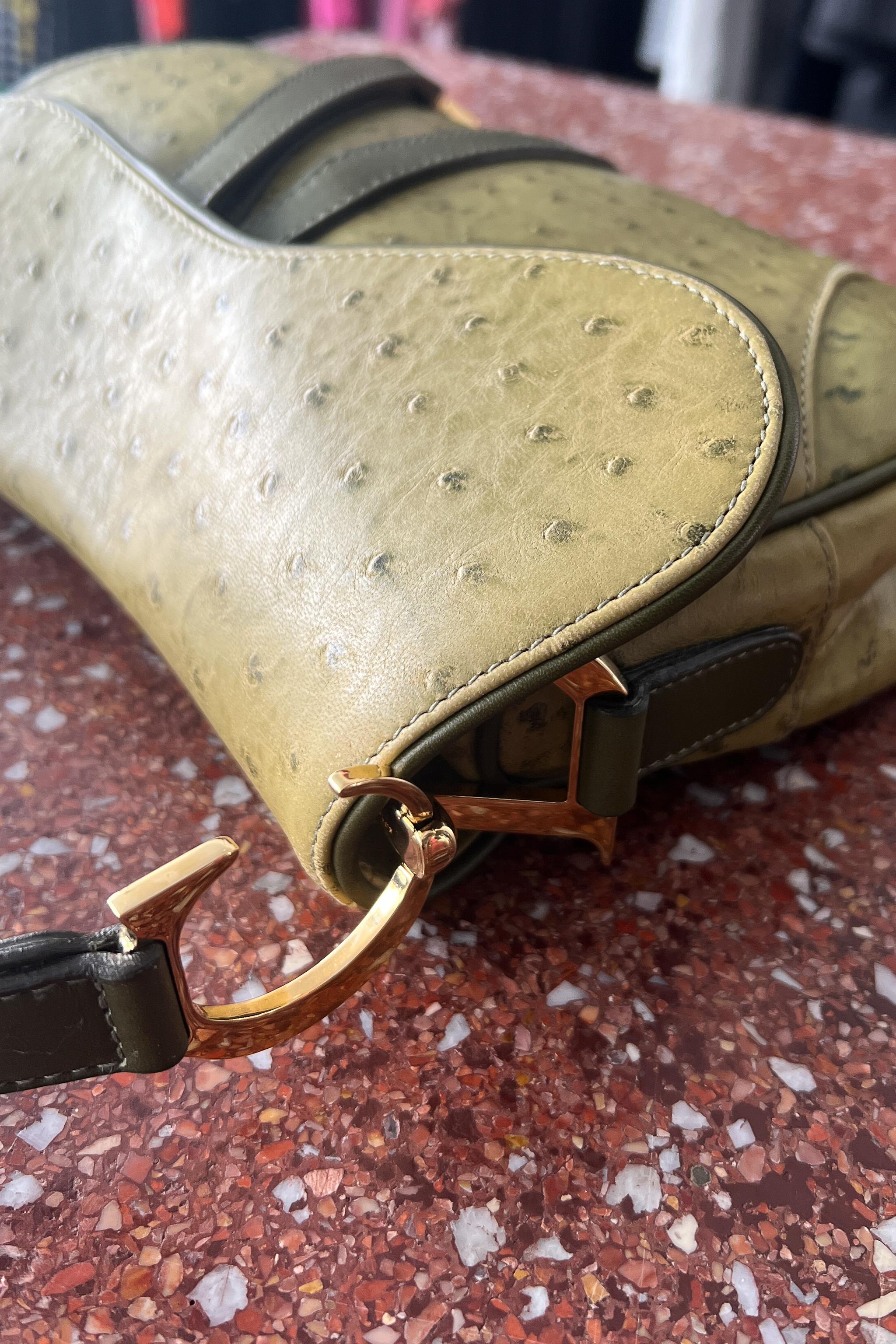 Christian Dior By John Galliano Chartreuse Green Saddle Bag w Ostrich Print 7