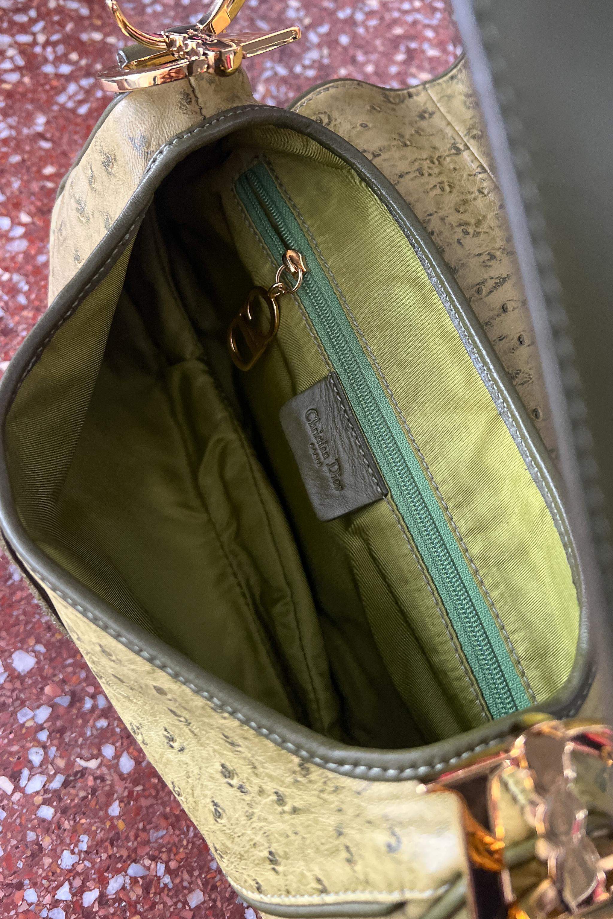 Christian Dior By John Galliano Chartreuse Green Saddle Bag w Ostrich Print 8