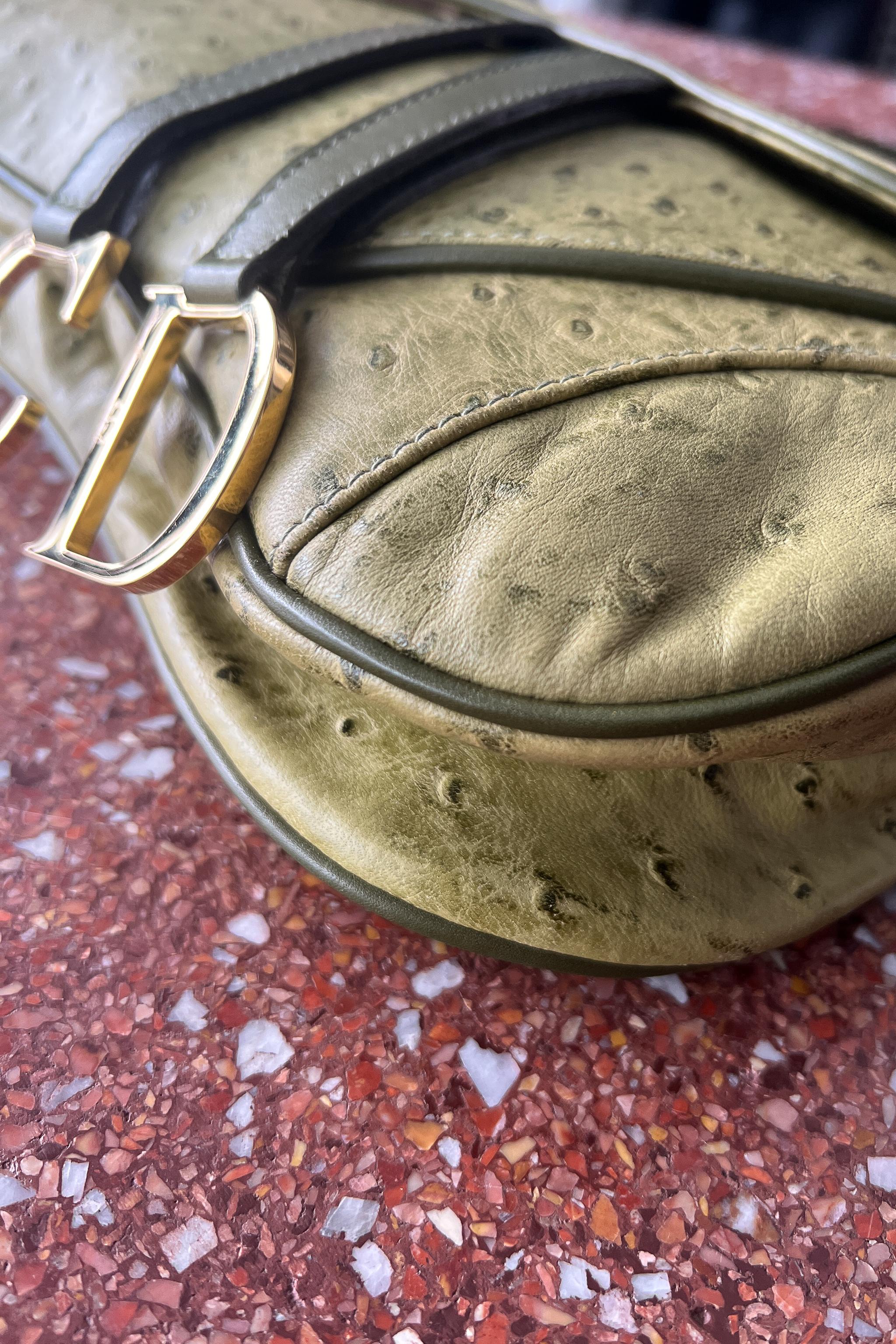 Christian Dior By John Galliano Chartreuse Green Saddle Bag w Ostrich Print 4