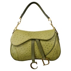 Christian Dior By John Galliano Chartreuse Green Saddle Bag w Ostrich Print