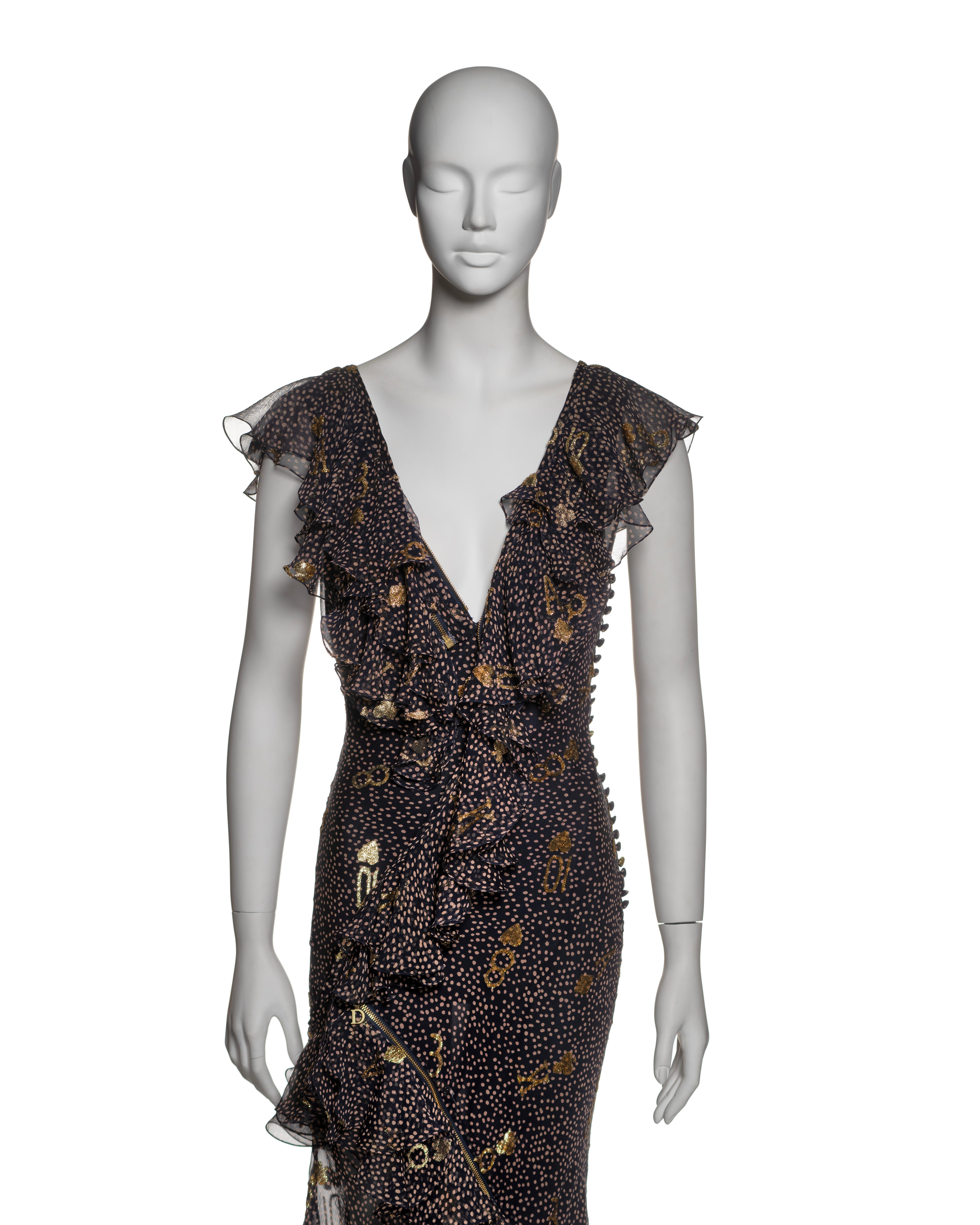 Black Christian Dior by John Galliano Chiffon Dress with Gold Motifs, SS 2001 For Sale