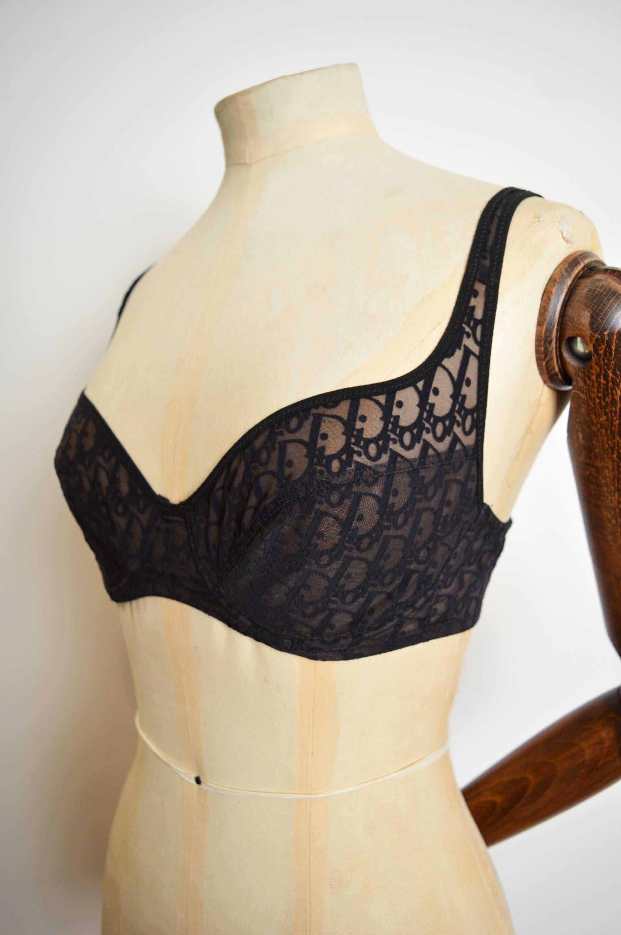 Christian Dior by John Galliano Circa 2000 Sheer Monogram Lace Black Bra - Top For Sale 6