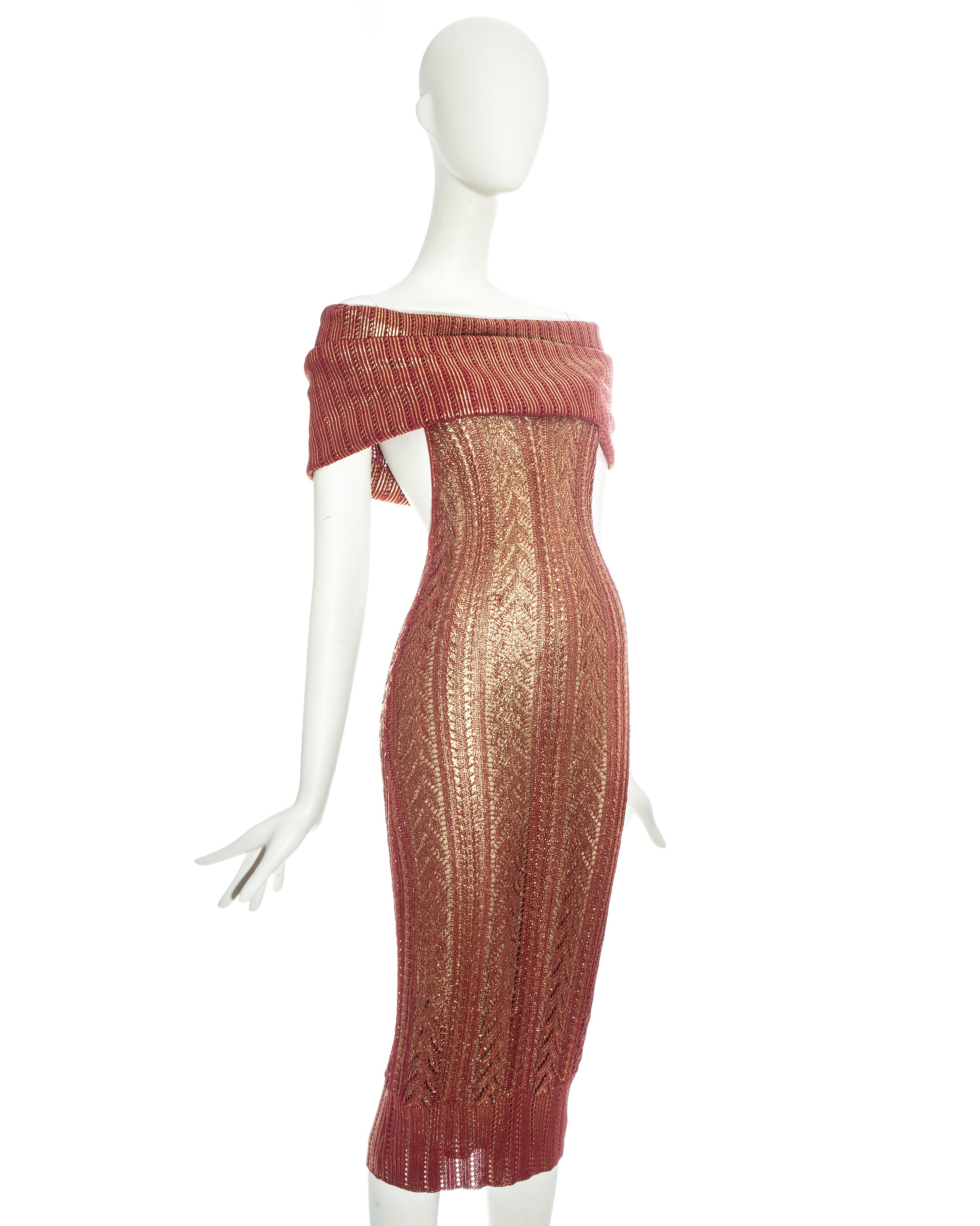 Christian Dior by John Galliano metallic copper knitted figure hugging evening dress with extra long turn over collar sitting off the shoulder

Fall-Winter 1999