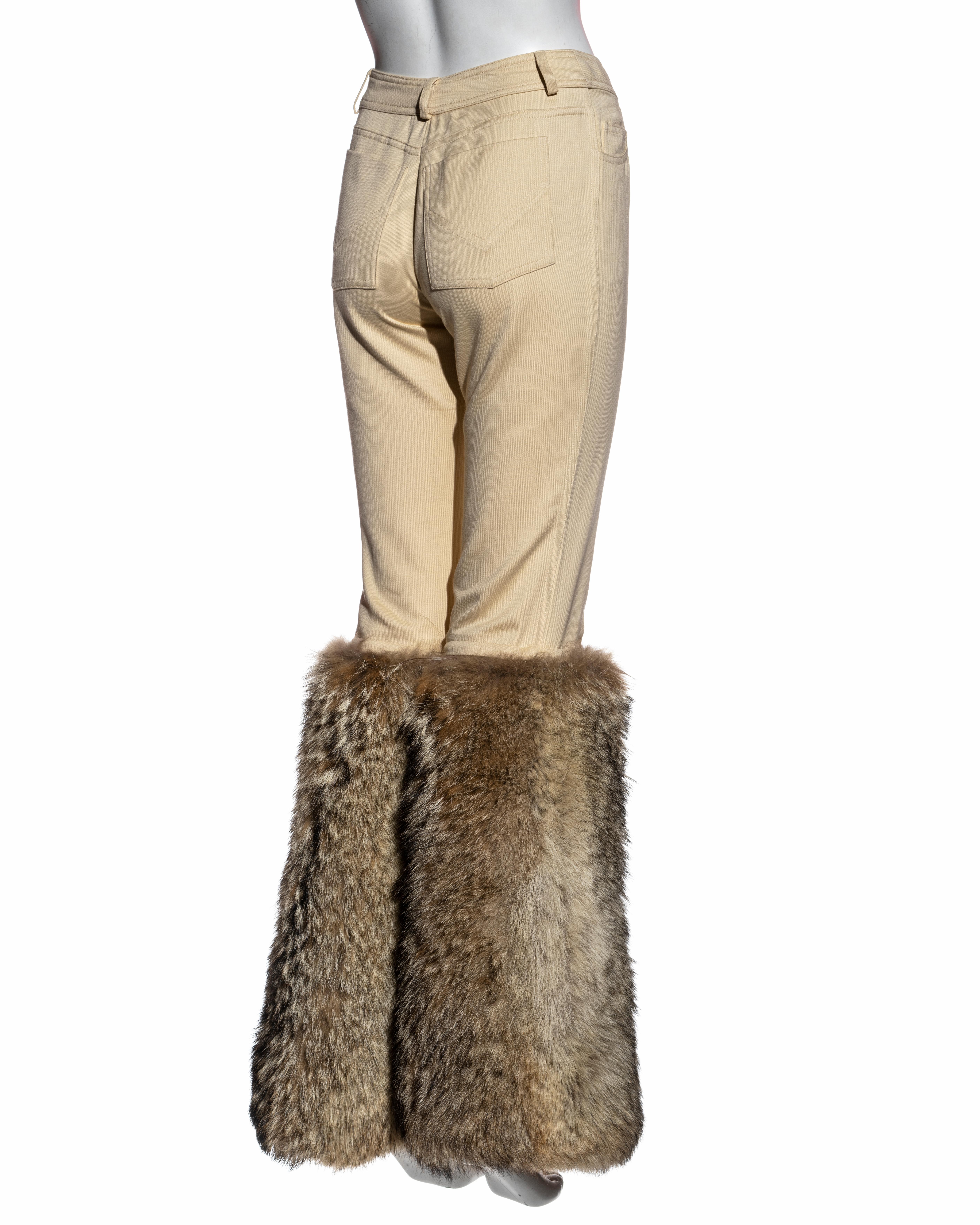 Brown Christian Dior by John Galliano cream cotton pants with coyote fur, fw 2002