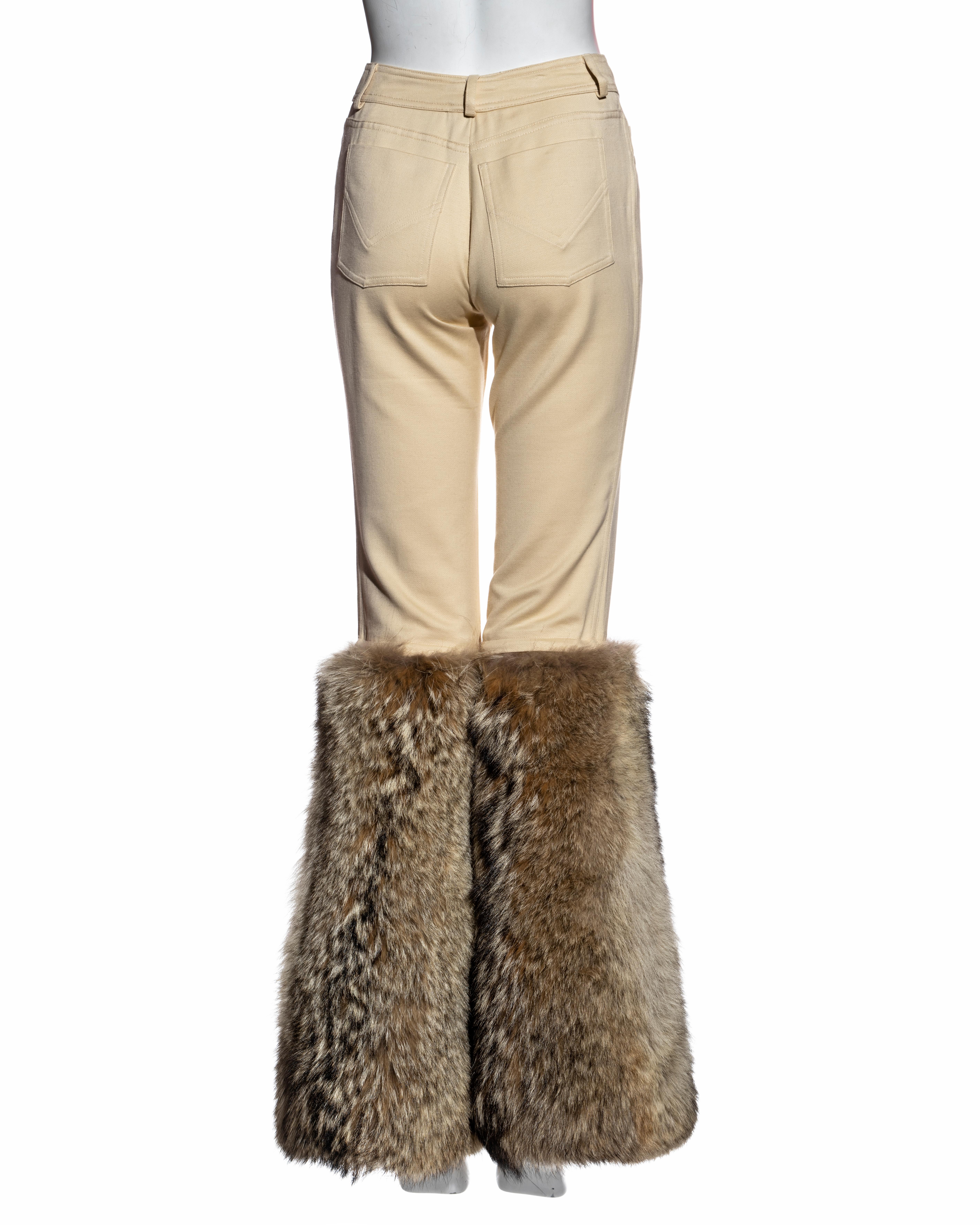 Christian Dior by John Galliano cream cotton pants with coyote fur 