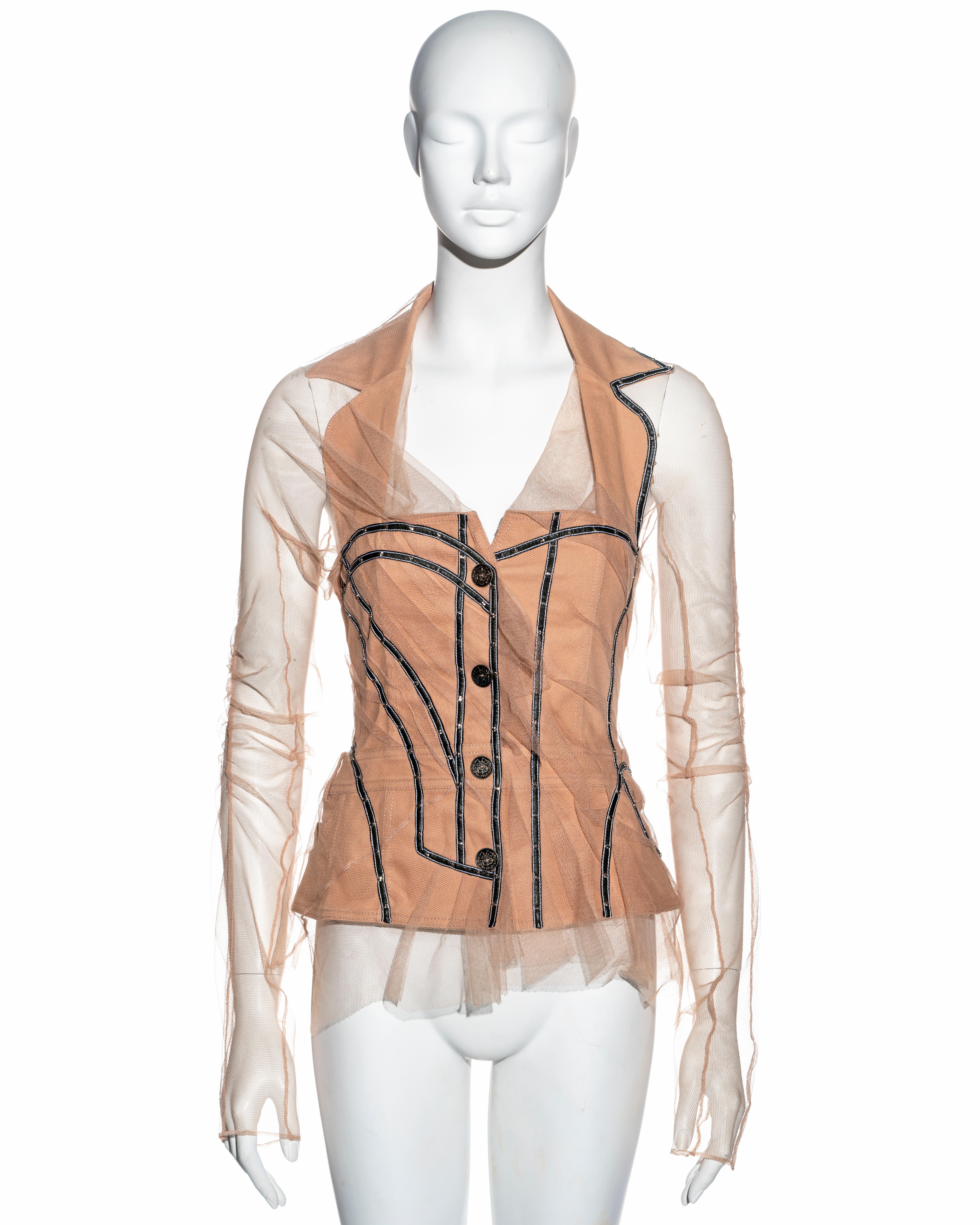 ▪ Christian Dior deconstructed jacket
▪ Designed by John Galliano
▪ Sold by One of a Kind Archive
▪ Constructed from peach cotton 
▪ Long pleated mesh sleeves and overlay 
▪ Studded leather trim 
▪ Halterneck lapel 
▪ Coin-style buttons 
▪ FR 38 -