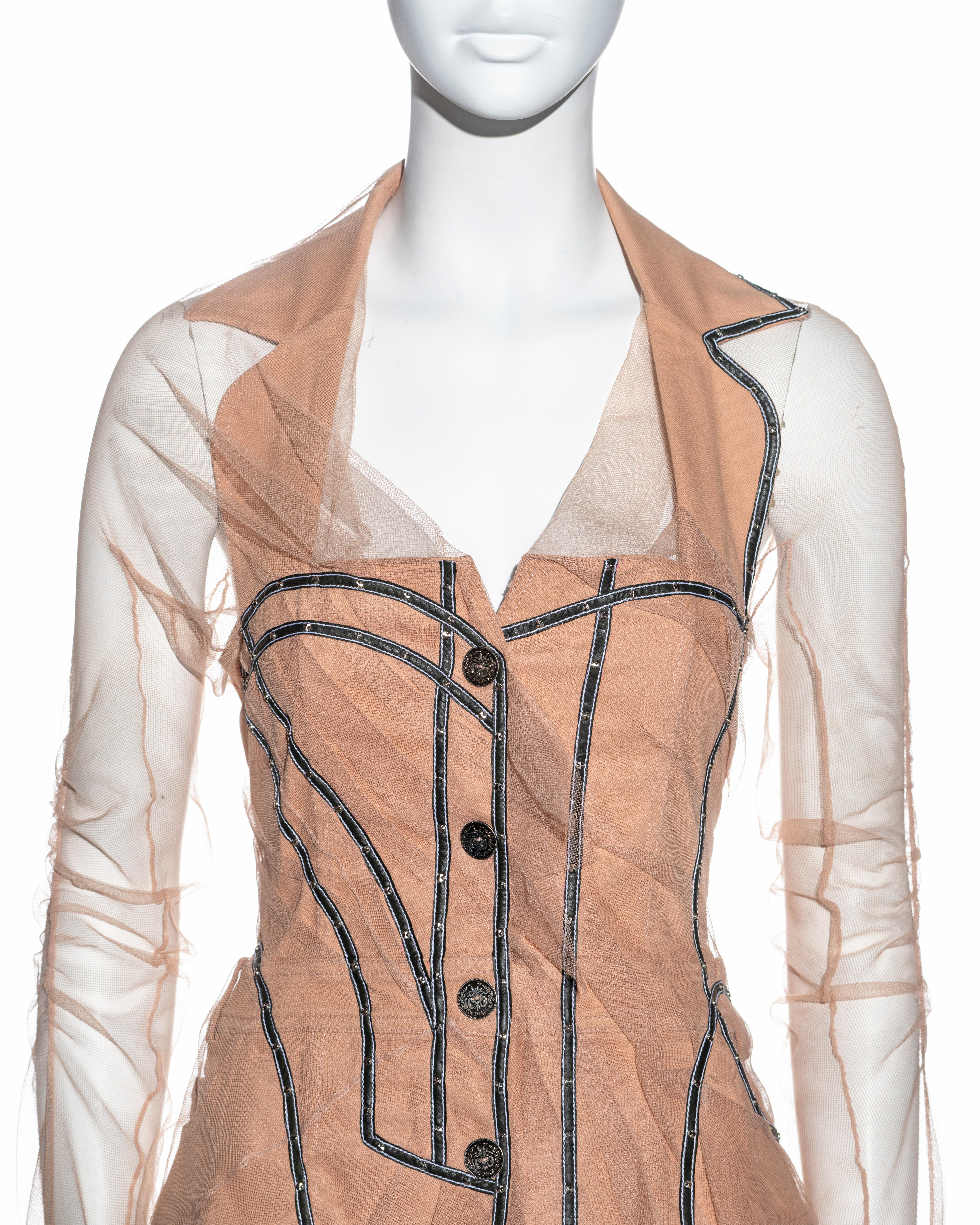 Beige Christian Dior by John Galliano deconstructed jacket with mesh overlay, ss 2006