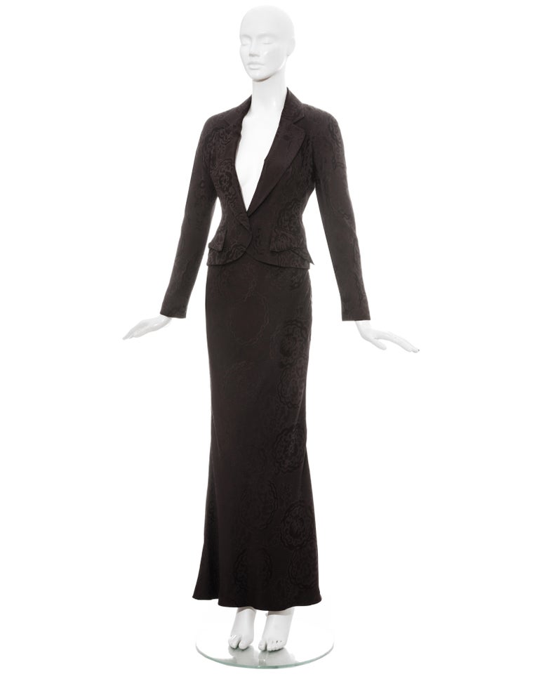 Black Christian Dior by John Galliano deep plum silk jacquard skirt suit, ss 1999 For Sale