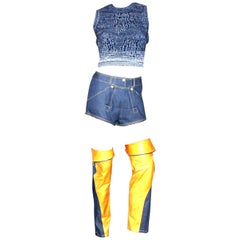 Christian Dior by John Galliano Denim Leder Shorts Ensemble Outfit Set 3PCS