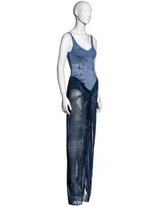 Christian Dior by John Galliano denim print bodysuit and sarong skirt, ss 2002