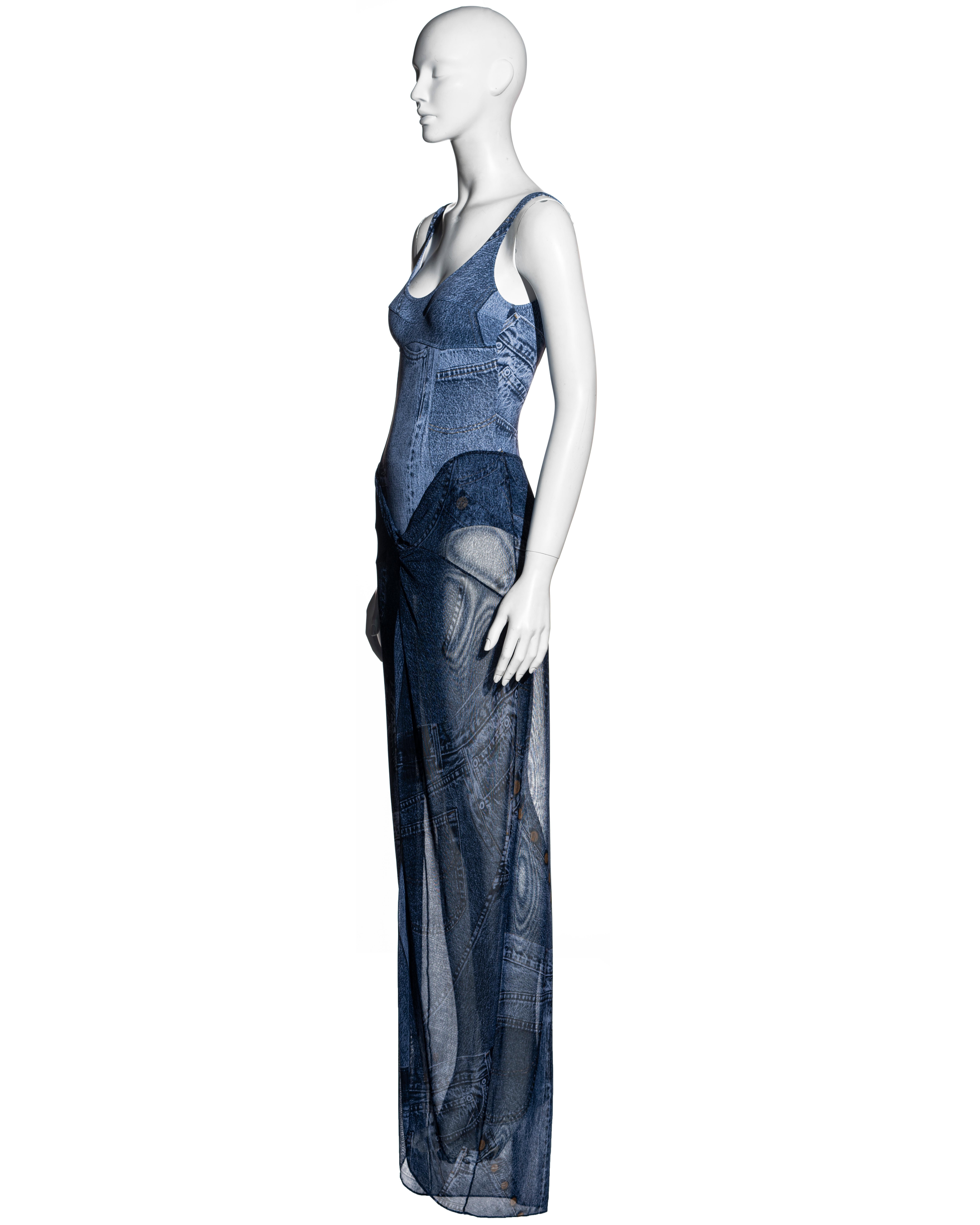 Christian Dior by John Galliano denim print bodysuit and sarong skirt, ss 2002 2