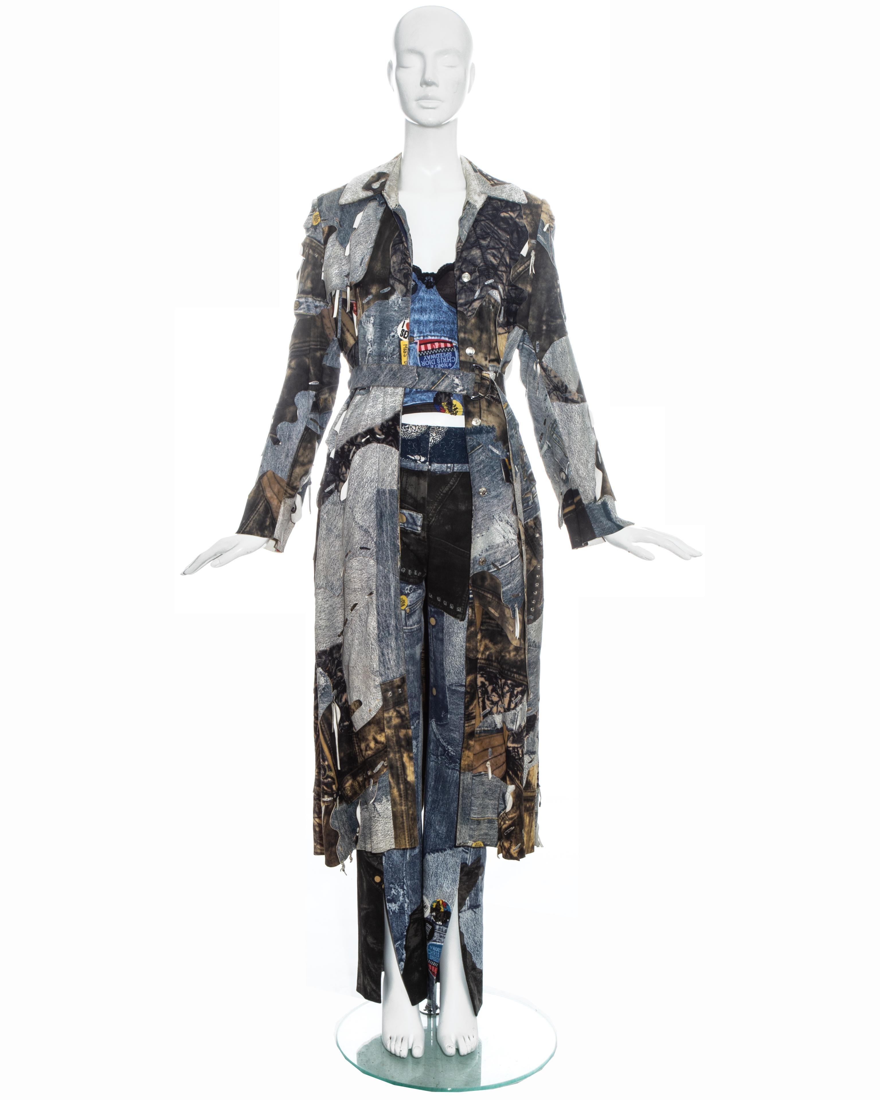 Christian Dior by John Galliano; three piece pant suit comprising: patchwork denim printed velvet suede coat with tassels and stud button closures, matching cotton pants and satin corset

Fall-Winter 2001