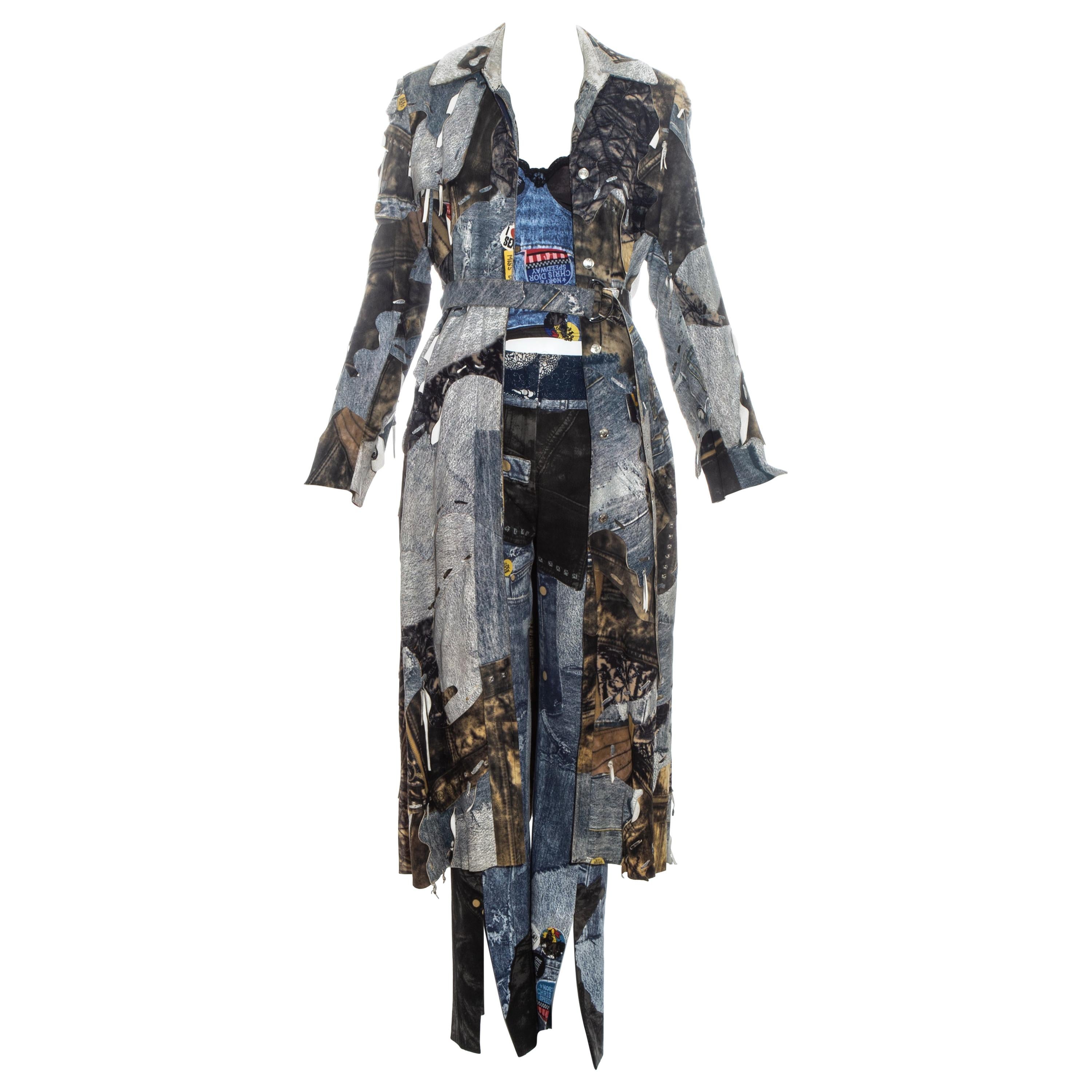 Christian Dior by John Galliano denim print patchwork leather pant suit, fw 2001