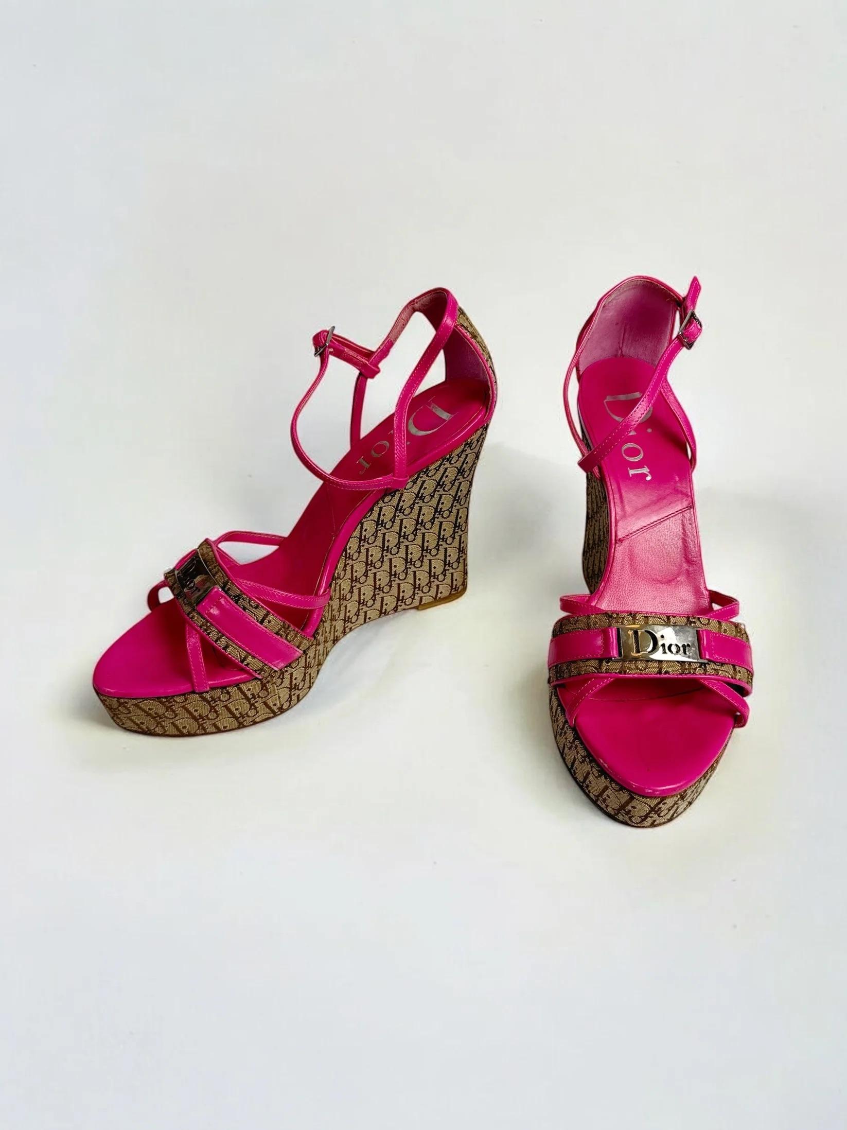 Red Christian Dior by John Galliano Diorissimo Wedge Sandals, c. 2000s For Sale