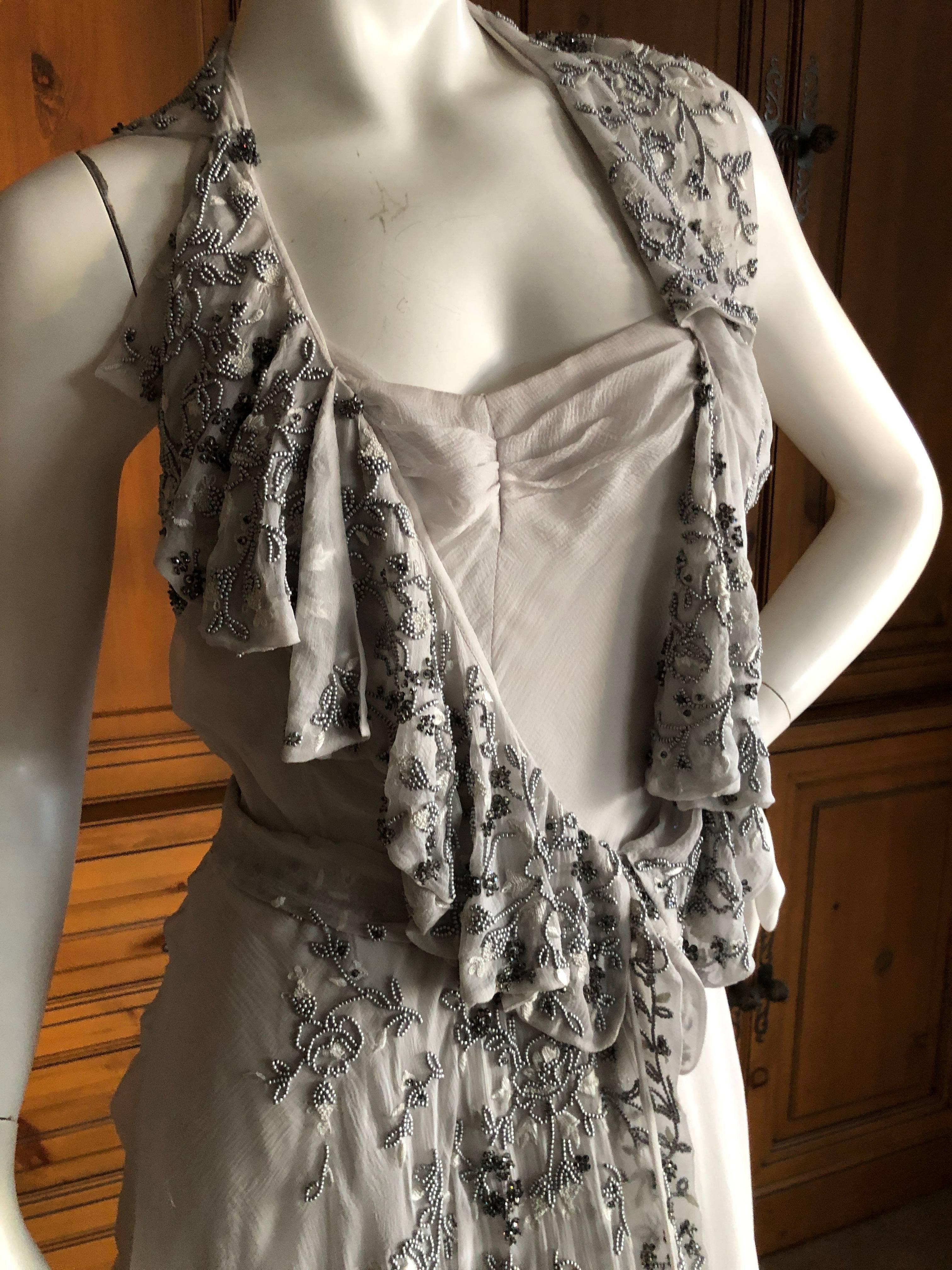 Christian Dior by John Galliano Dove Gray Evening Dress with Lesage Bead Flowers In Excellent Condition For Sale In Cloverdale, CA