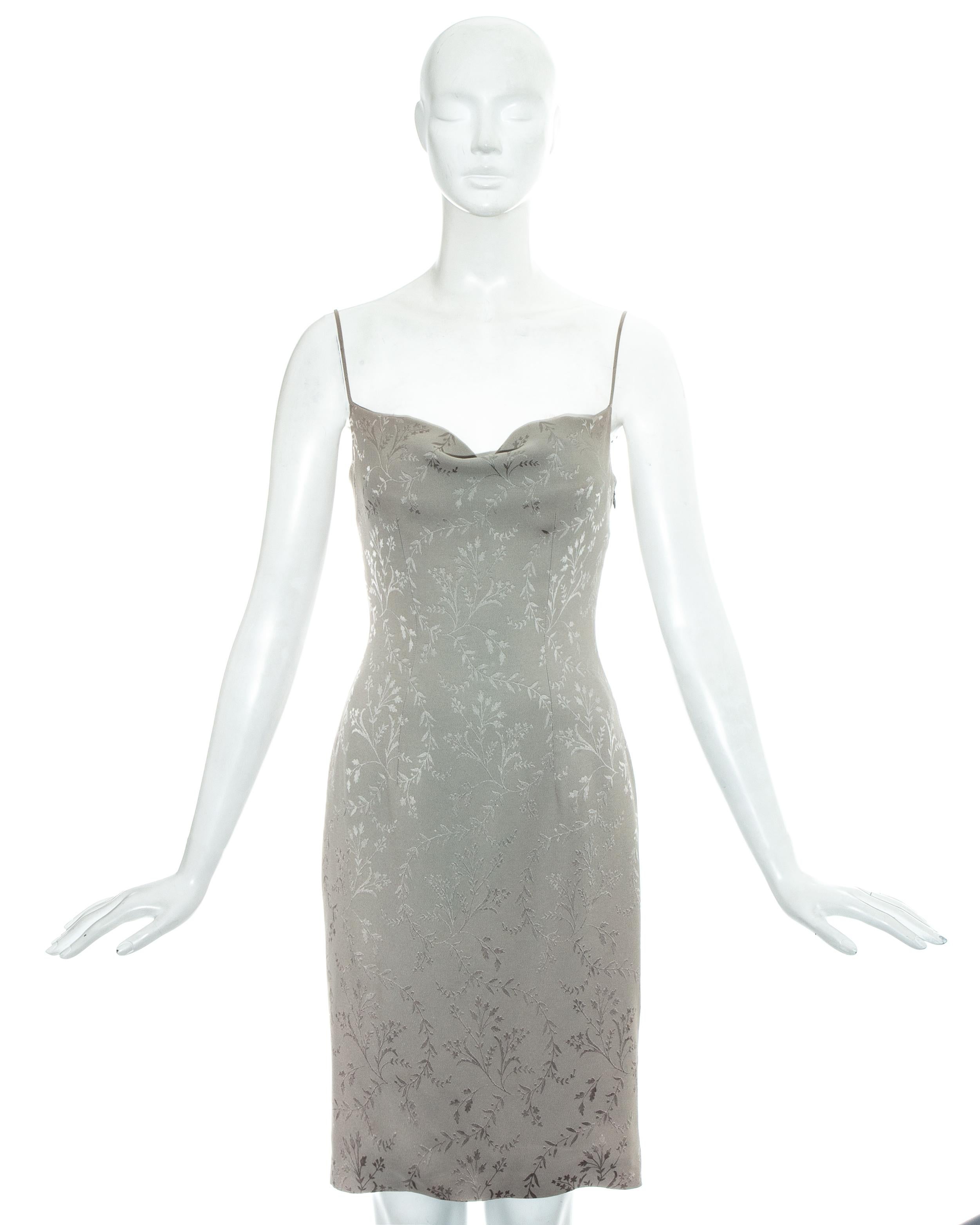 Christian Dior by John Galliano dusty blue silk brocade evening slip dress with draped cleavage and spaghetti straps.

Spring-Summer 1998