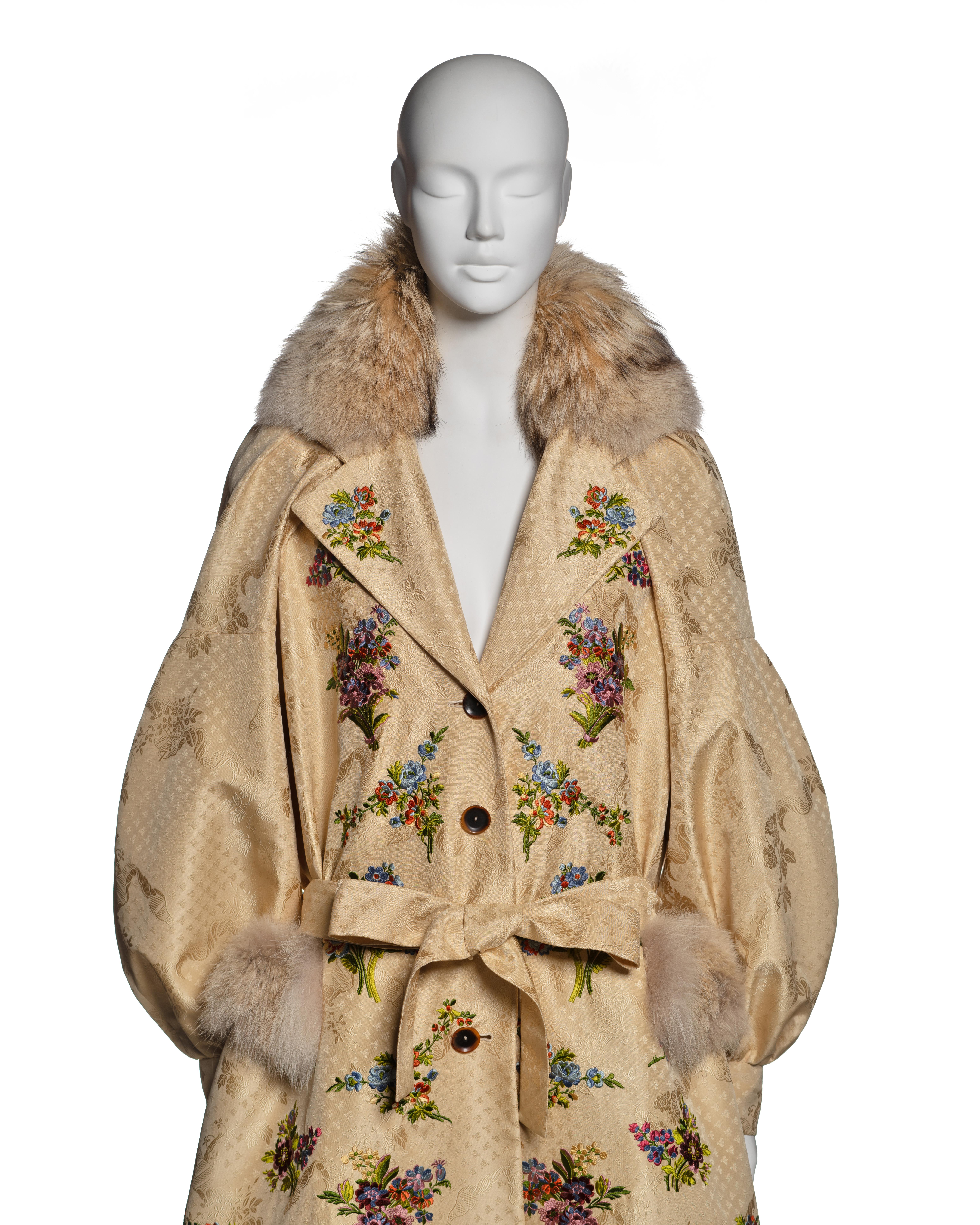 Brown Christian Dior by John Galliano Embroidered Silk Coat with Fur Trim, FW 2002 For Sale