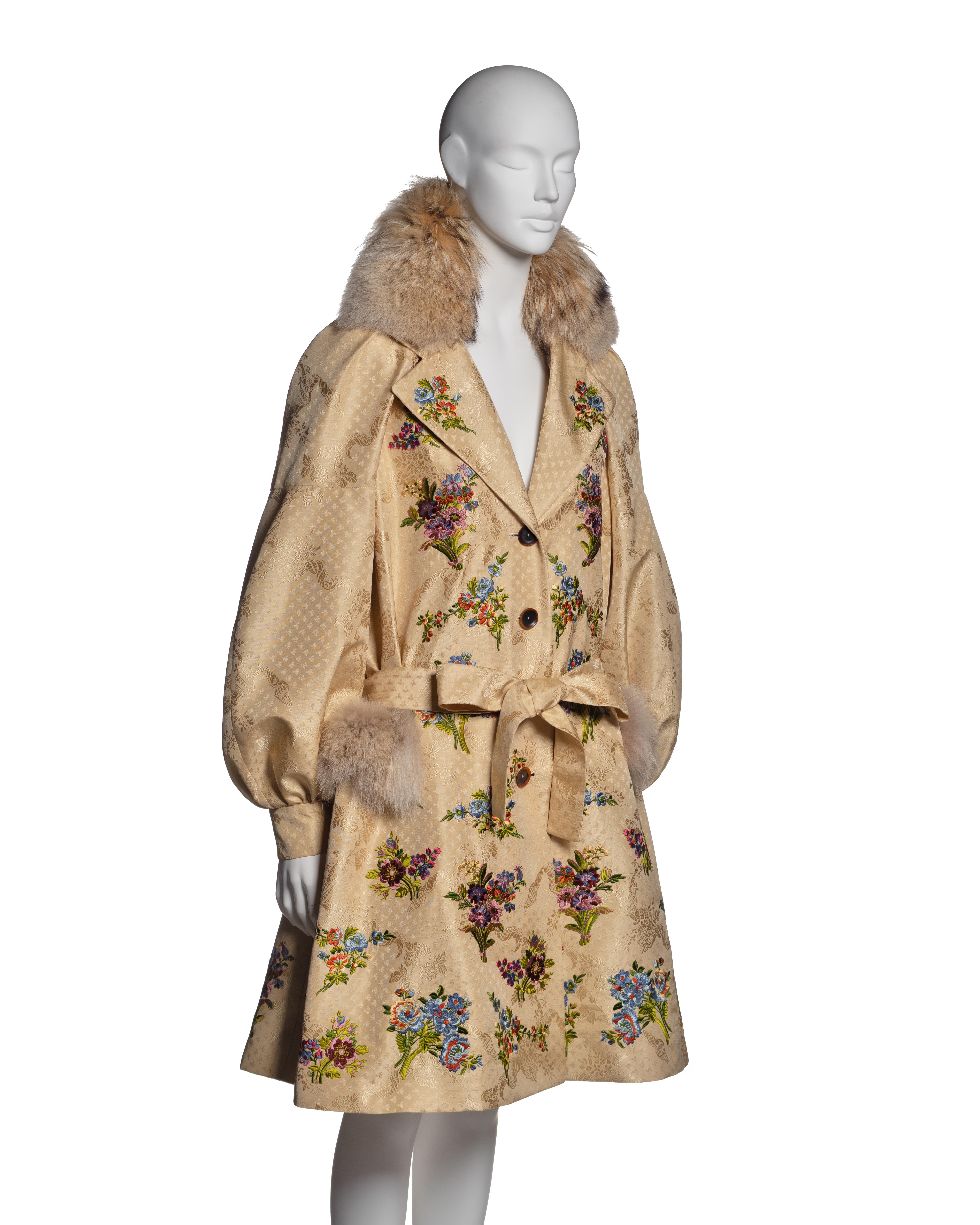 Women's Christian Dior by John Galliano Embroidered Silk Coat with Fur Trim, FW 2002 For Sale