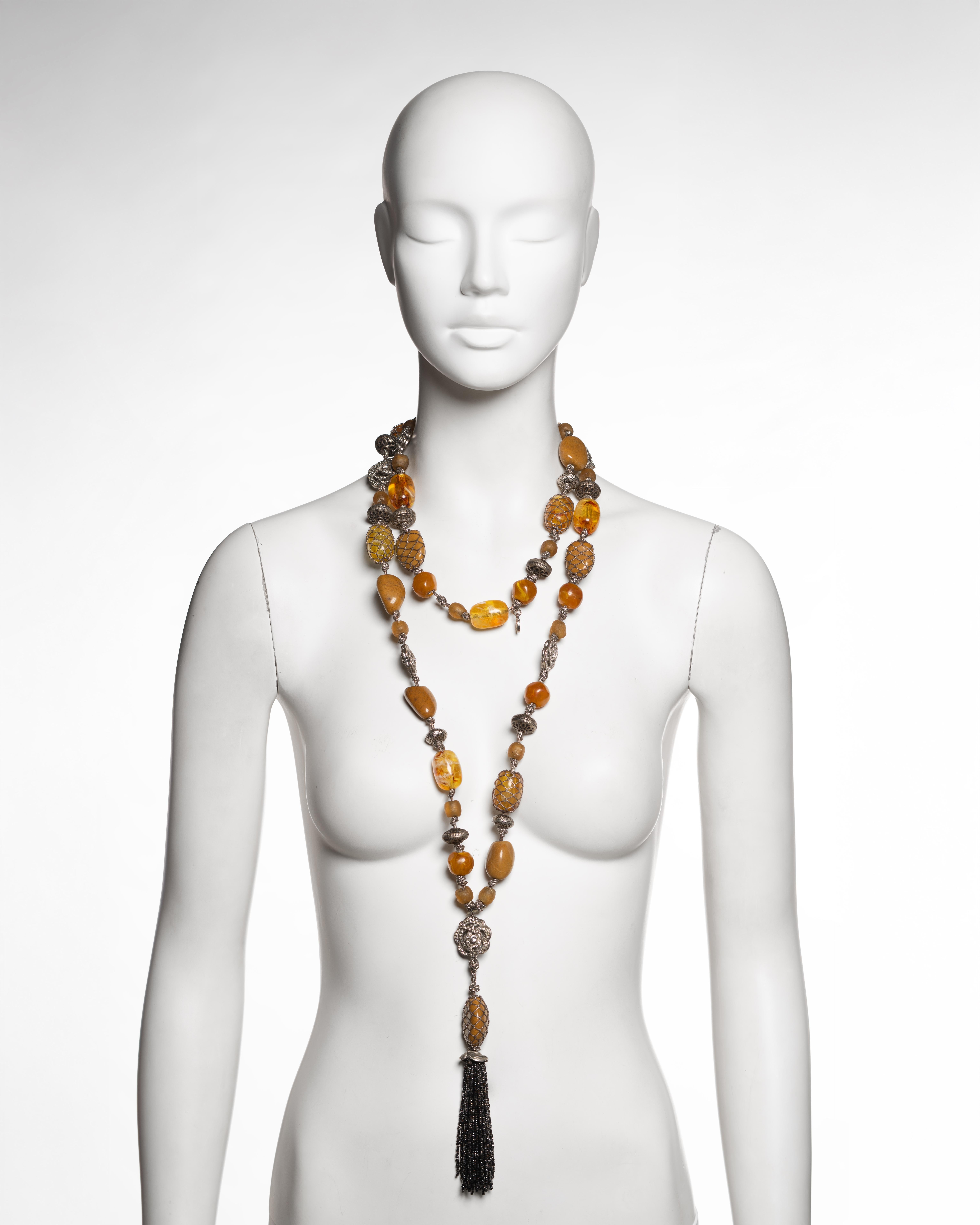 Round Cut Christian Dior by John Galliano Extra Long Amber and Metal Tassel Necklace, 1998 For Sale