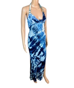 Christian Dior by John Galliano F/W 2000 Buckle Halter Blue Tie Dye Velvet Dress