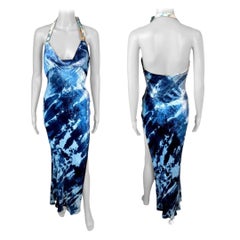 Christian Dior by John Galliano F/W 2000 Buckle Halter Blue Tie Dye Velvet Dress