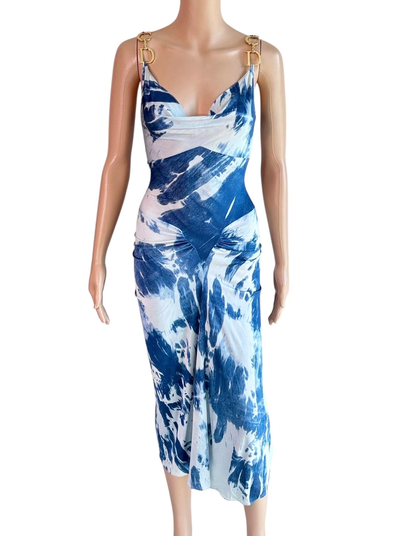 Christian Dior for John Galliano F/W 2000 Blaues Kleid mit Krawattenmuster und großem Logo im Angebot 7