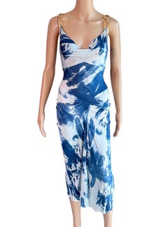 Christian Dior by John Galliano F/W 2000 Large Logo Blue Tie Dye Print Dress