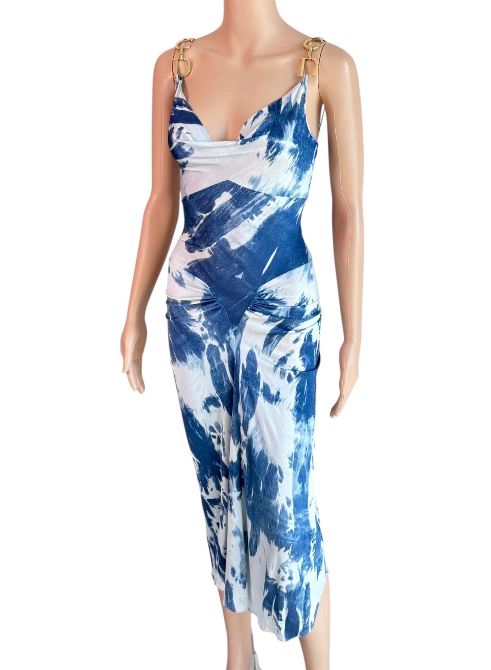 Christian Dior for John Galliano F/W 2000 Blaues Kleid mit Krawattenmuster und großem Logo Damen im Angebot