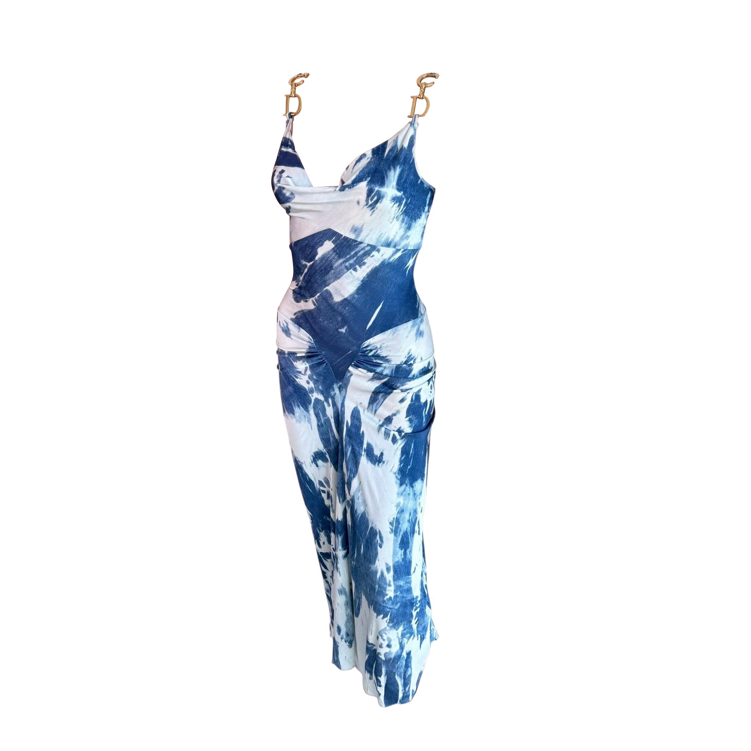 Christian Dior by John Galliano F/W 2000 Large Logo Blue Tie Dye Print Dress