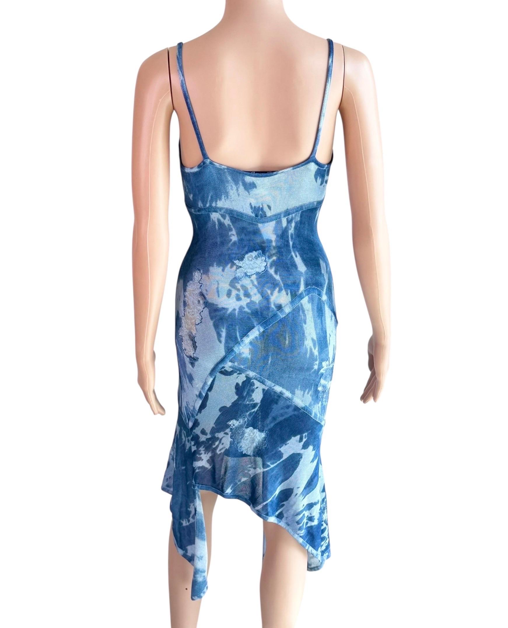 Blu Christian Galliano for Christian Dior A/I 2000 - Vestito in maglia di pizzo trasparente con logo della passerella in vendita