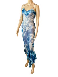 Christian Dior by John Galliano F/W 2000 Sheer Lace Knit Blue Tie Dye Dress