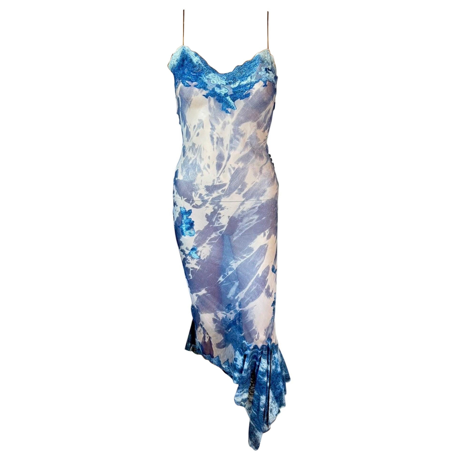 Christian Dior by John Galliano F/W 2000 Sheer Lace Knit Blue Tie Dye Dress