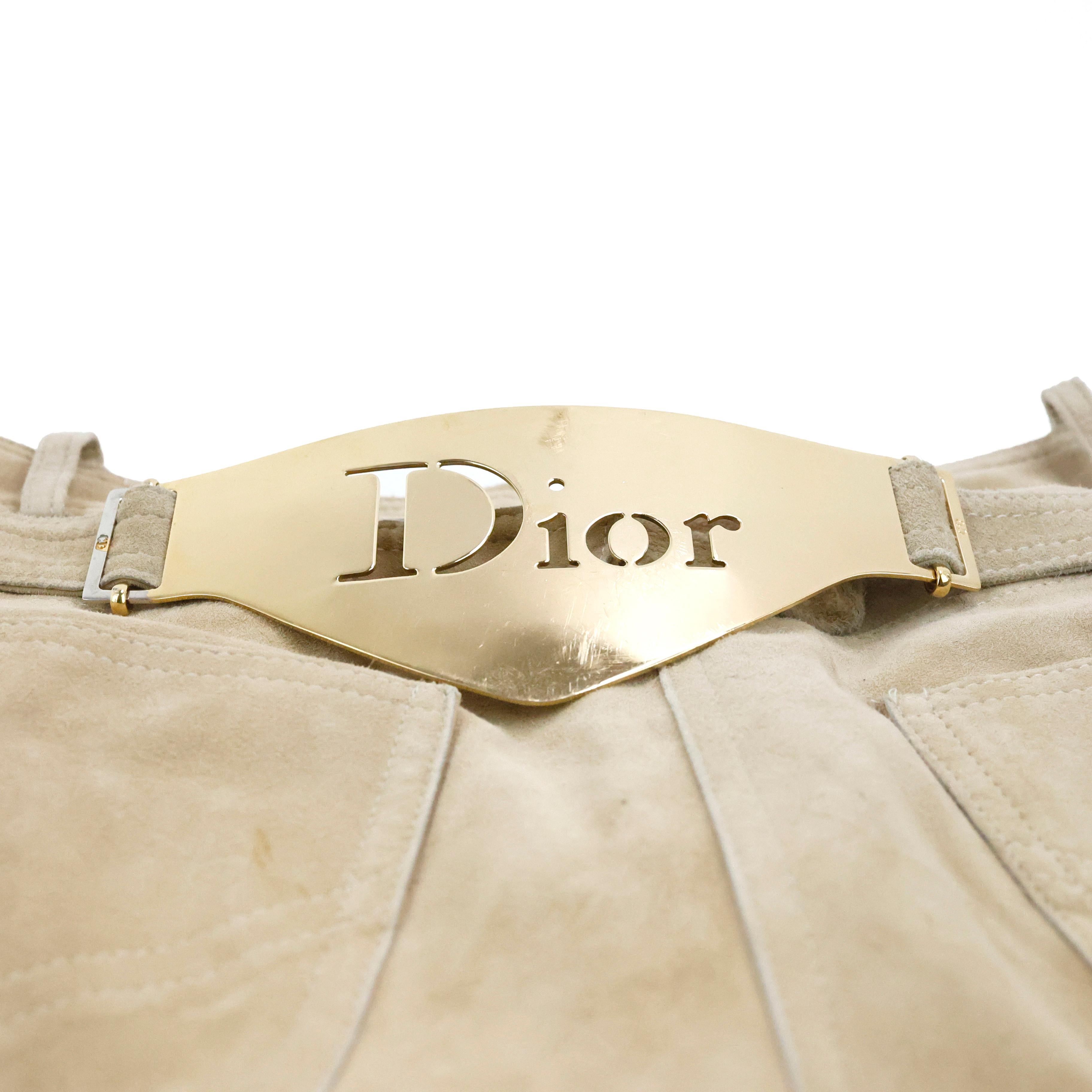 Beige Pantaloni in pelle scamosciata con logo gigante impreziosito di John Galliano for Christian Dior Autunno 2002 in vendita